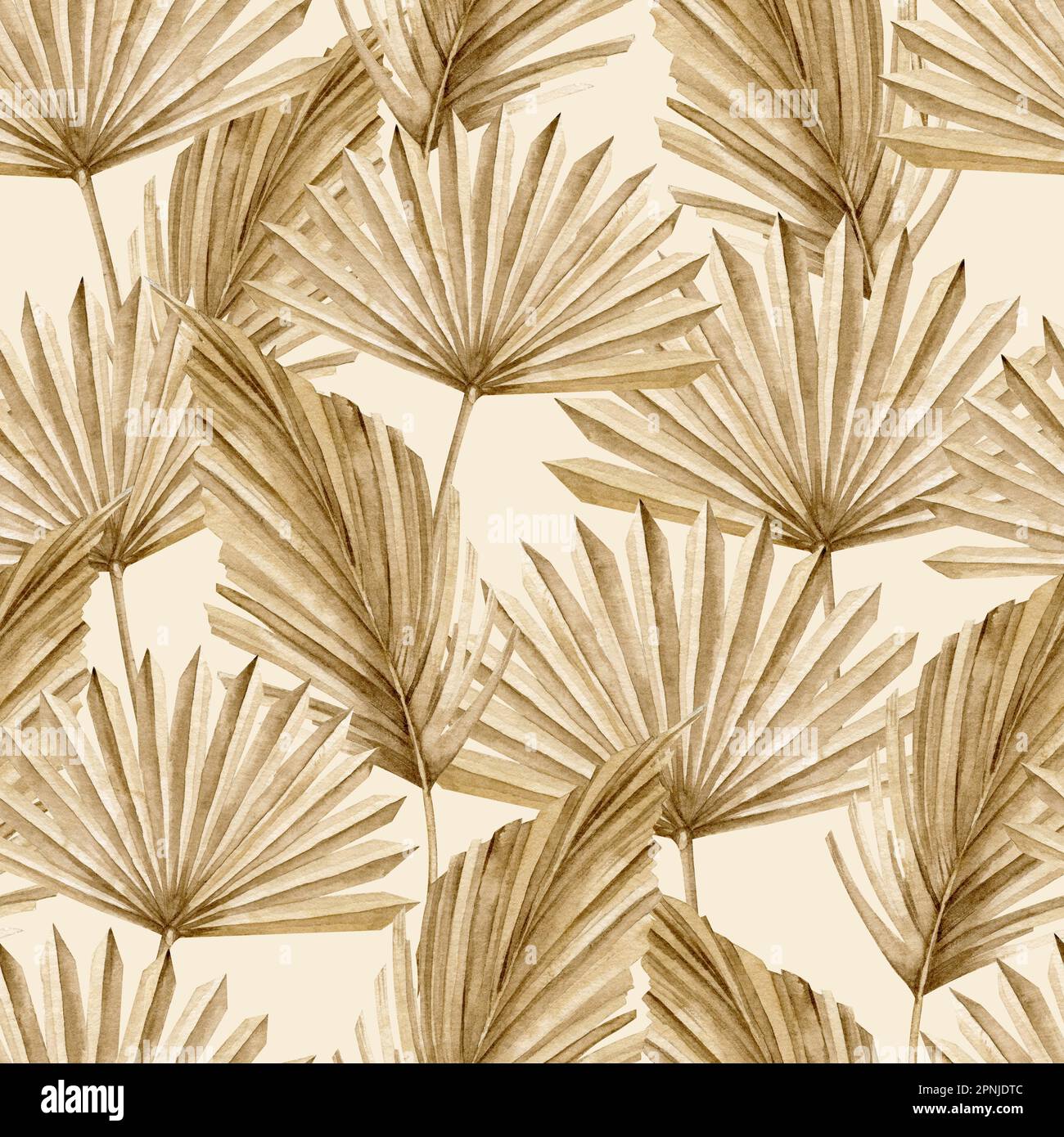 Motif de feuilles de palmier. Arrière-plan sans couture avec plantes tropicales sèches dans le style Boho. Illustration bohème aquarelle dessinée à la main sur fond beige pour papier peint ou motif textile. Ornement pour l'impression. Banque D'Images