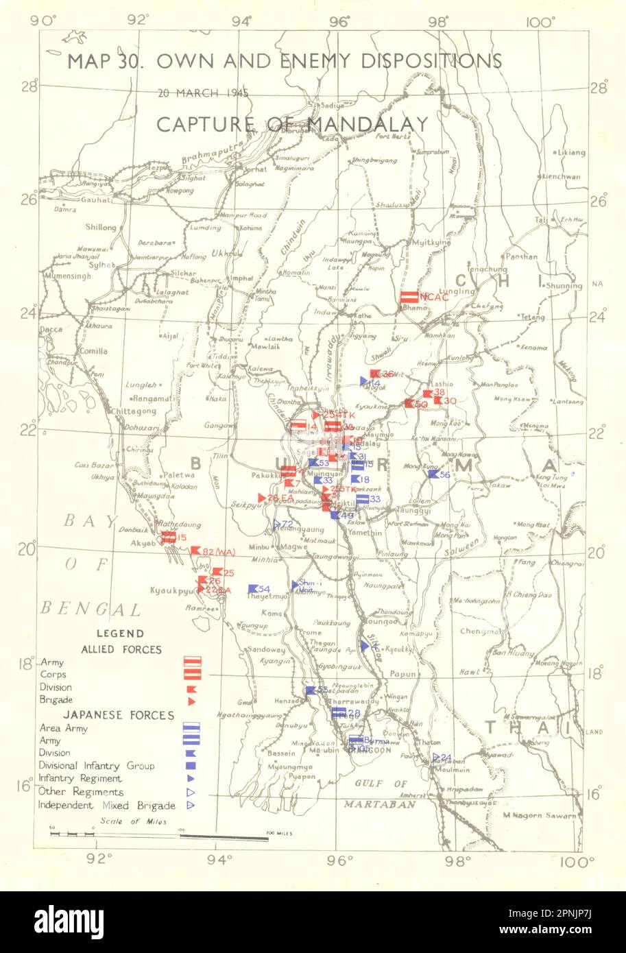 BIRMANIE. Fév-mars 1945. Capture des positions propres et ennemies de la carte Mandalay-20th 1951 Banque D'Images