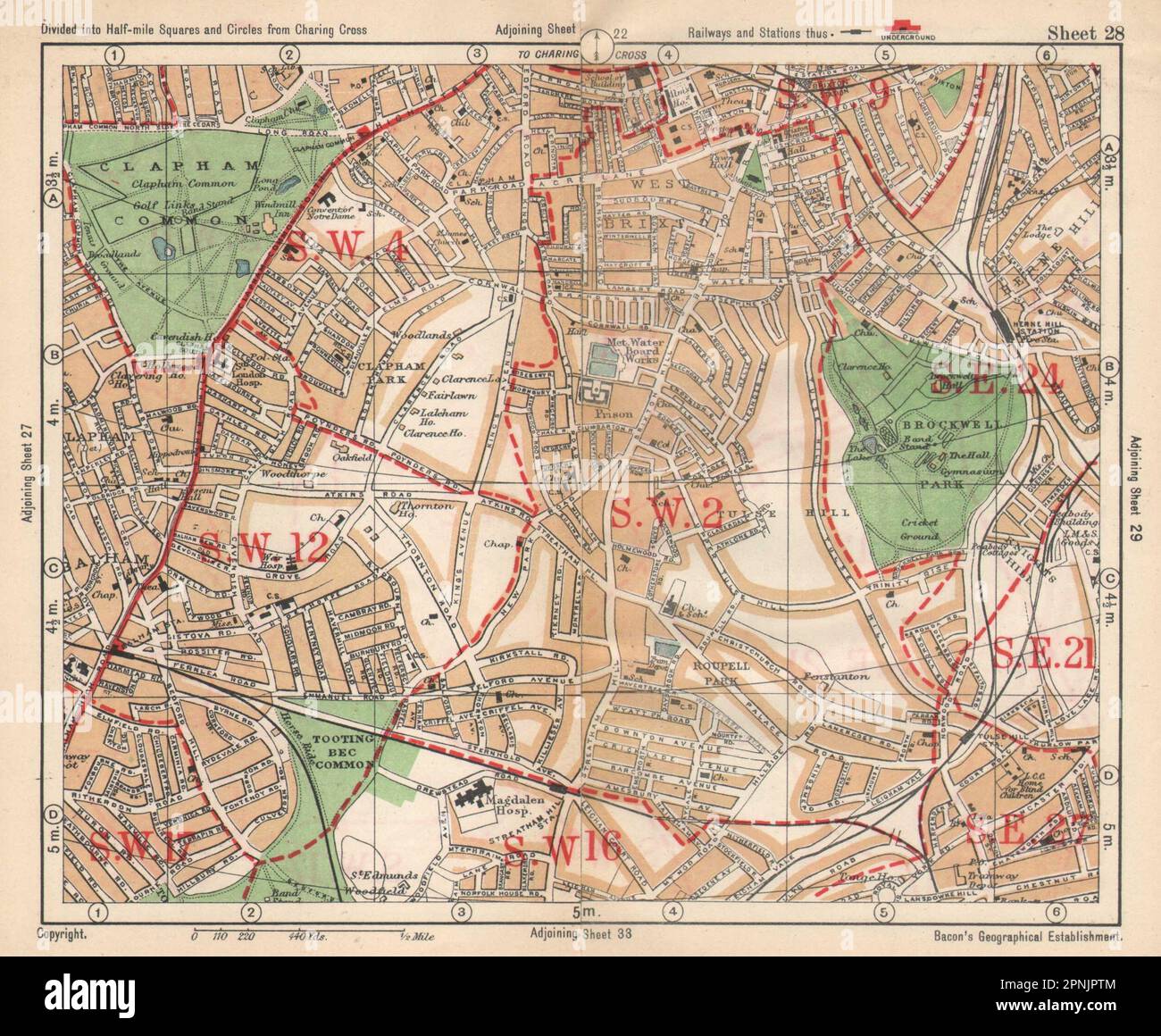 S LONDRES. Brixton Clapham Balham Herne Hill Streatham Tusle Hill.BACON 1925 carte Banque D'Images