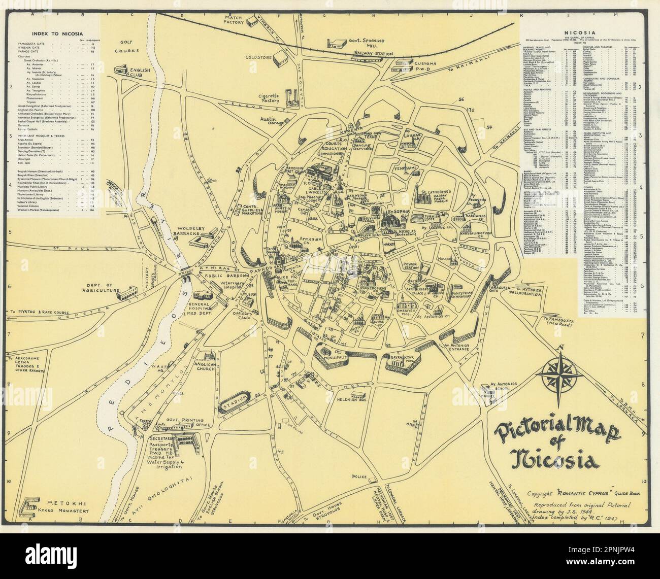 Carte graphique de Nicosie et des environs. Plan ville vintage. Chypre. SABRY 1948 Banque D'Images