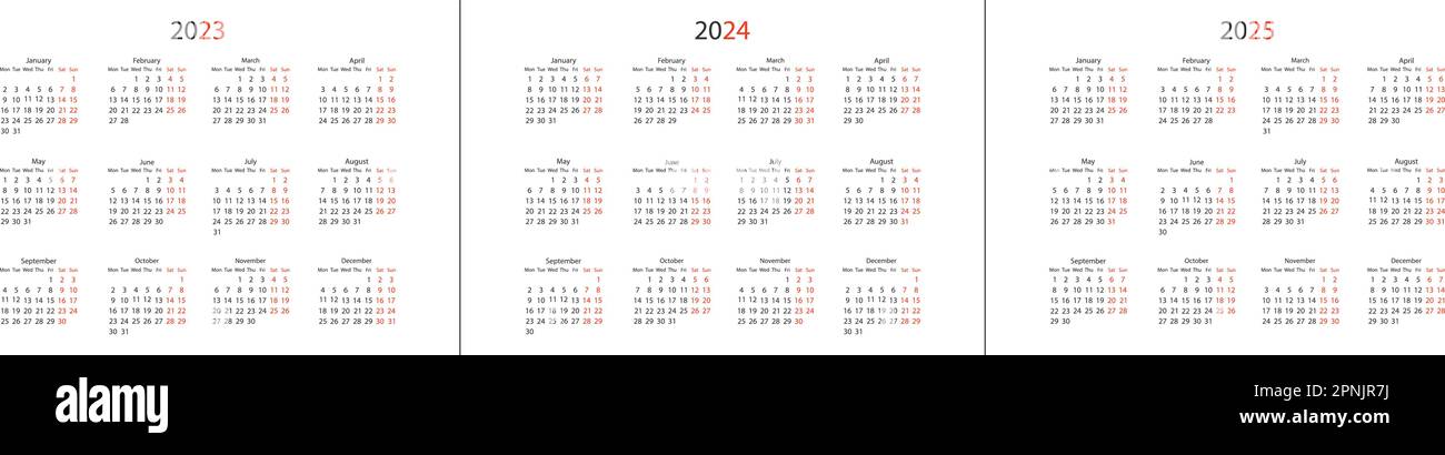 Calendrier 2023, 2024 et 2025, début de la semaine le lundi. Modèle de planificateur de conception d'entreprise Vector. Illustration de Vecteur