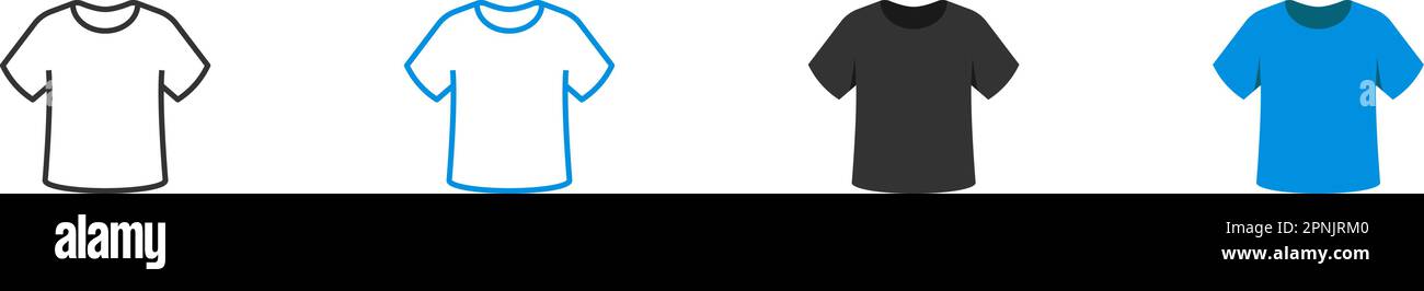Jeu d'icônes de T-shirt vierge. Ligne bleue et noire et affiche plate Simbol. Illustration vectorielle isolée de chemise EPS10 Illustration de Vecteur