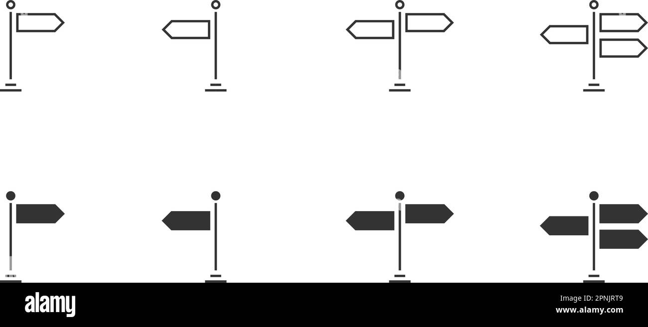 Panneau de signalisation, icônes du tableau de direction de la circulation définies. Icône de glyphe et de contour noir. Illustration isolée à vecteur plat des panneaux routiers pour la conception de sites Web Illustration de Vecteur