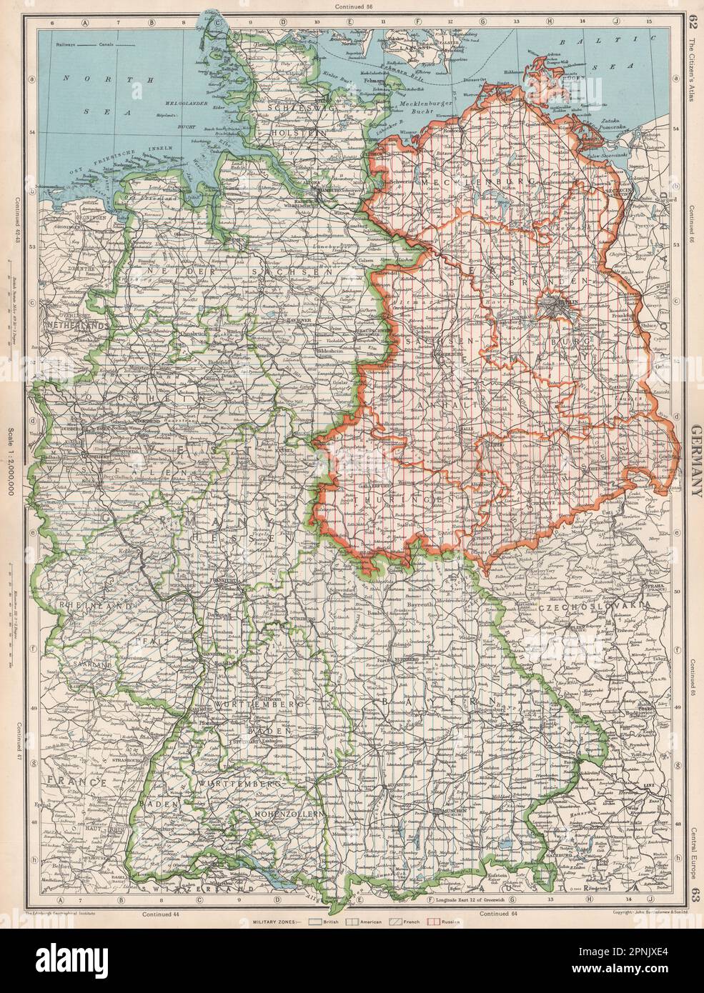 ALLEMAGNE. Afficher après WW2 zones militaires. Carte britannique des États-Unis, français et russe 1952 Banque D'Images