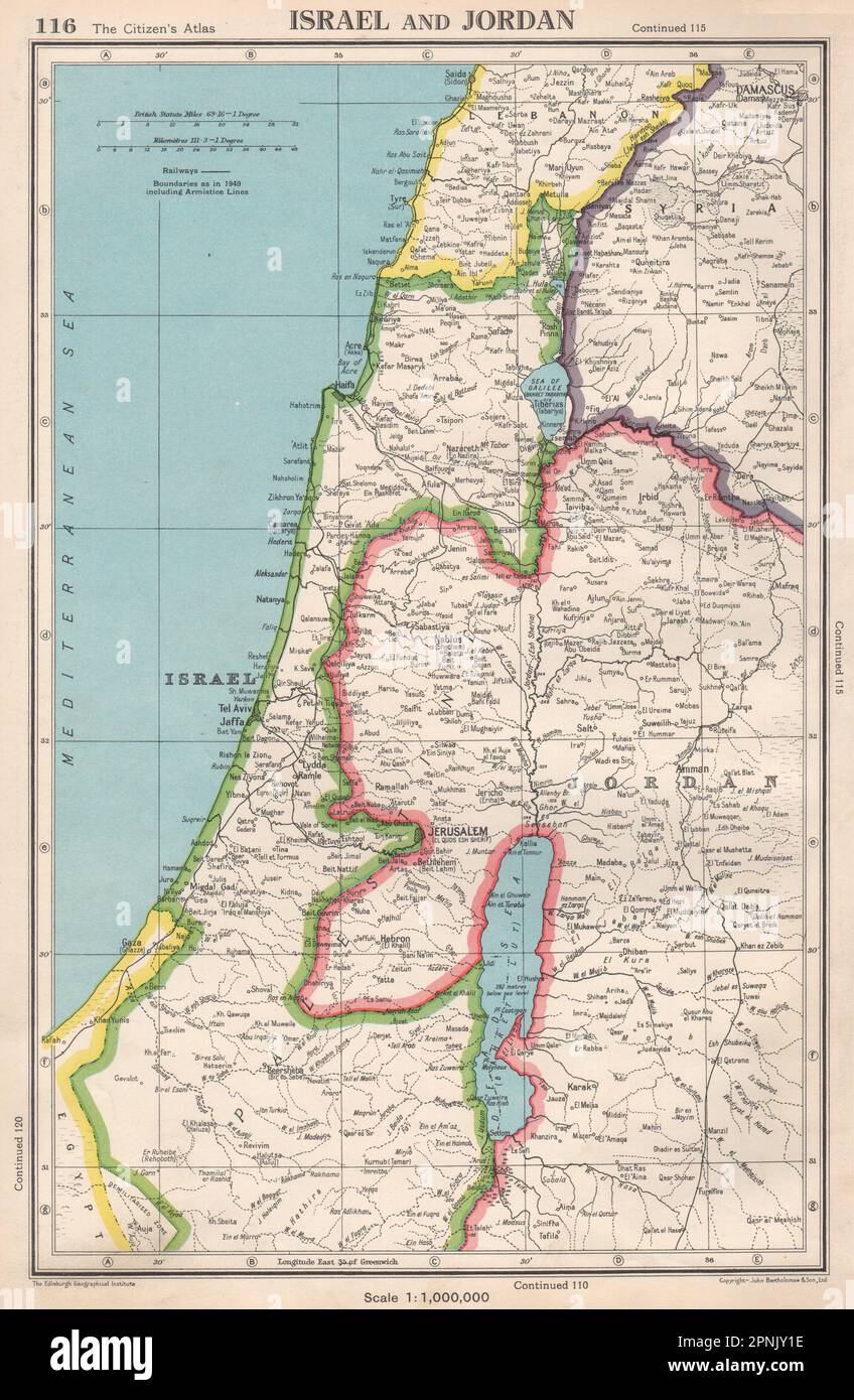 ISRAËL ET JORDANIE. Cisjordanie représentée comme jordanien. Gaza comme ancienne carte égyptienne de 1952 Banque D'Images