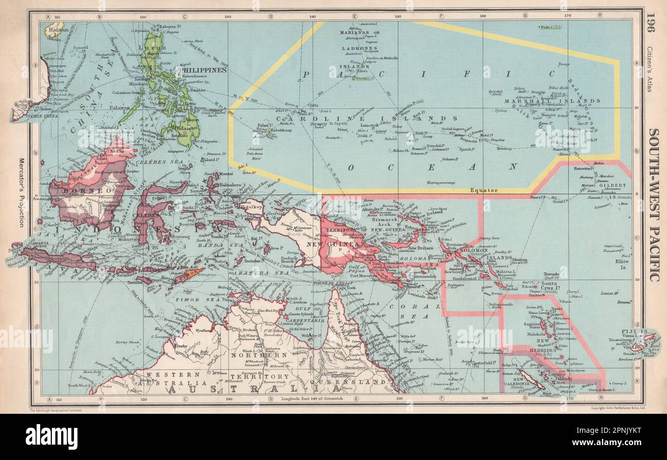 PACIFIQUE SUD-OUEST. Melanesia Micronésie Indonésie Philippines 1952 ancienne carte Banque D'Images