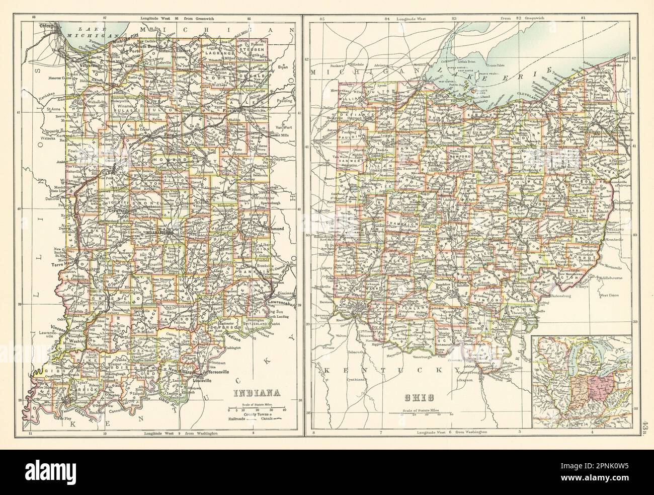 Cartes de l'État de l'Indiana et de l'Ohio montrant les comtés. BARTHOLOMEW 1898 vieux antique Banque D'Images