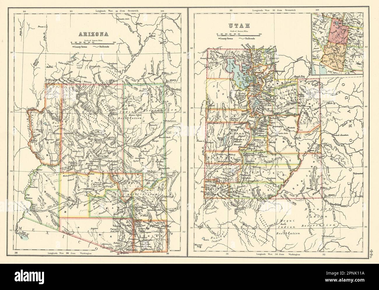 Cartes des États de l'Arizona et de l'Utah montrant les comtés. BARTHOLOMEW 1898 vieux antique Banque D'Images