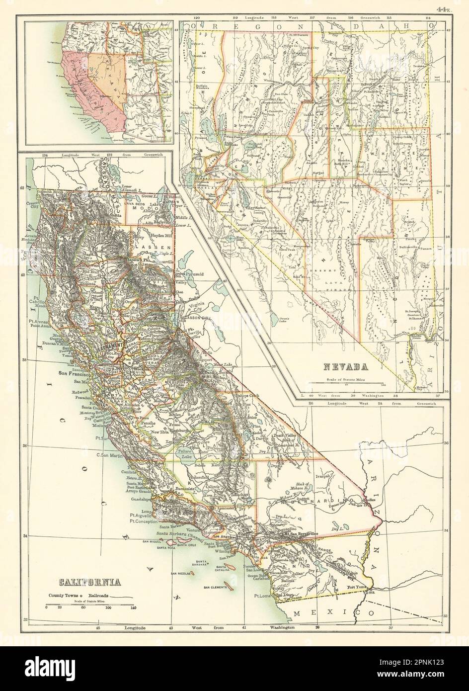 Cartes de l'État de Californie et du Nevada montrant les comtés. BARTHOLOMÉE 1898 ans Banque D'Images