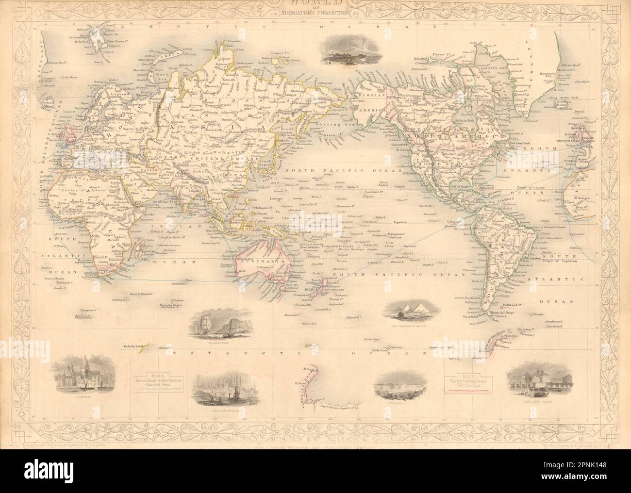 WORLD MERCATOR montrant des routes de courrier vers les colonies britanniques. Carte RAPKIN/TALLIS 1851 Banque D'Images
