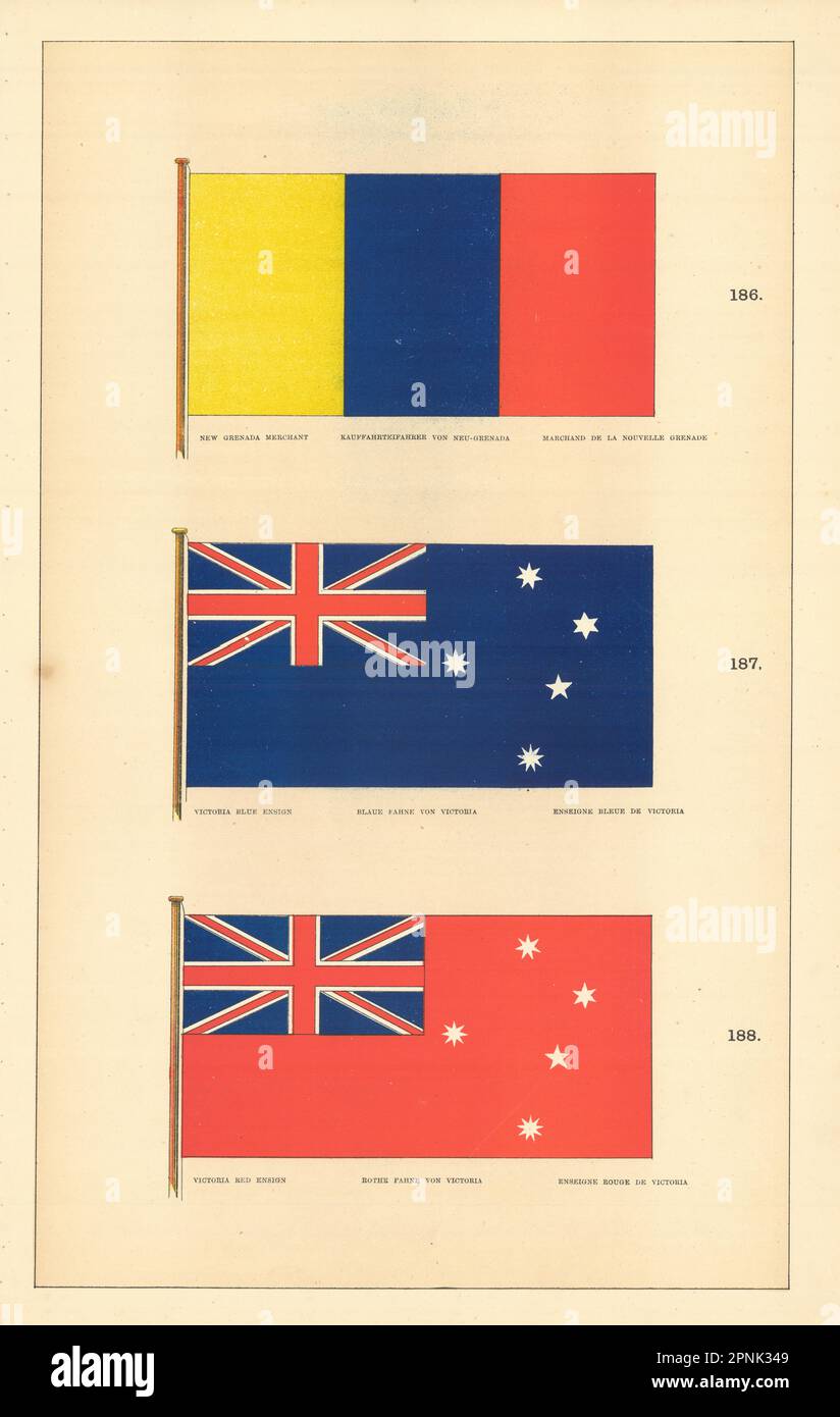 DRAPEAUX AUSTRALIENS/COLOMBIENS. Marchand de la Grenade; Ensign bleu/rouge de Victoria 1873 Banque D'Images