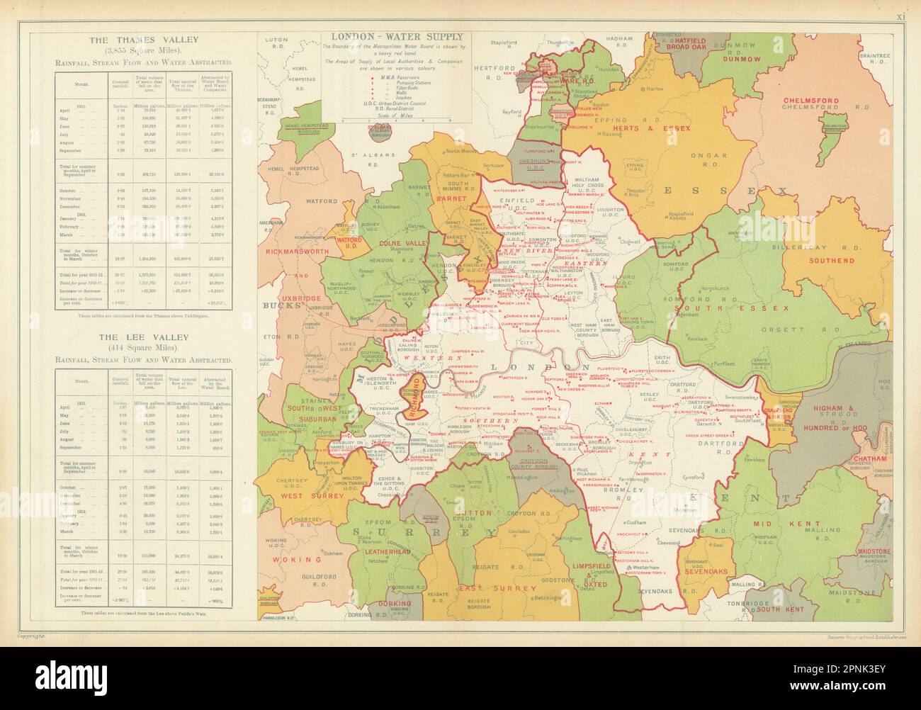 APPROVISIONNEMENT EN EAU DE LONDRES. Carte des eaux métropolitaines. Réservoirs pompage STNS 1913 carte Banque D'Images