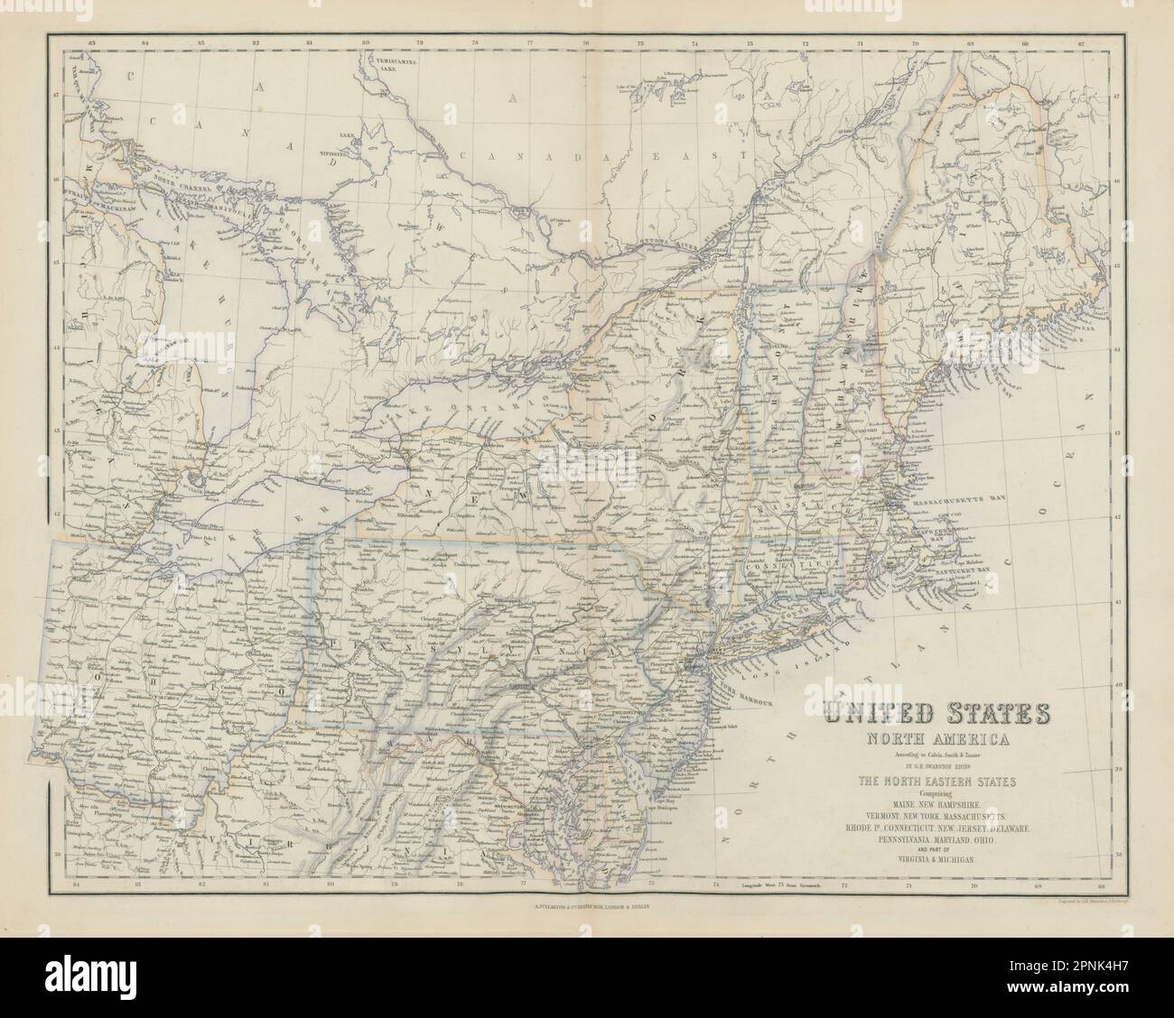 Nord-est des États-Unis. États du centre de l'Atlantique et de la Nouvelle-Angleterre. CARTE DE SWANSTON 1860 Banque D'Images