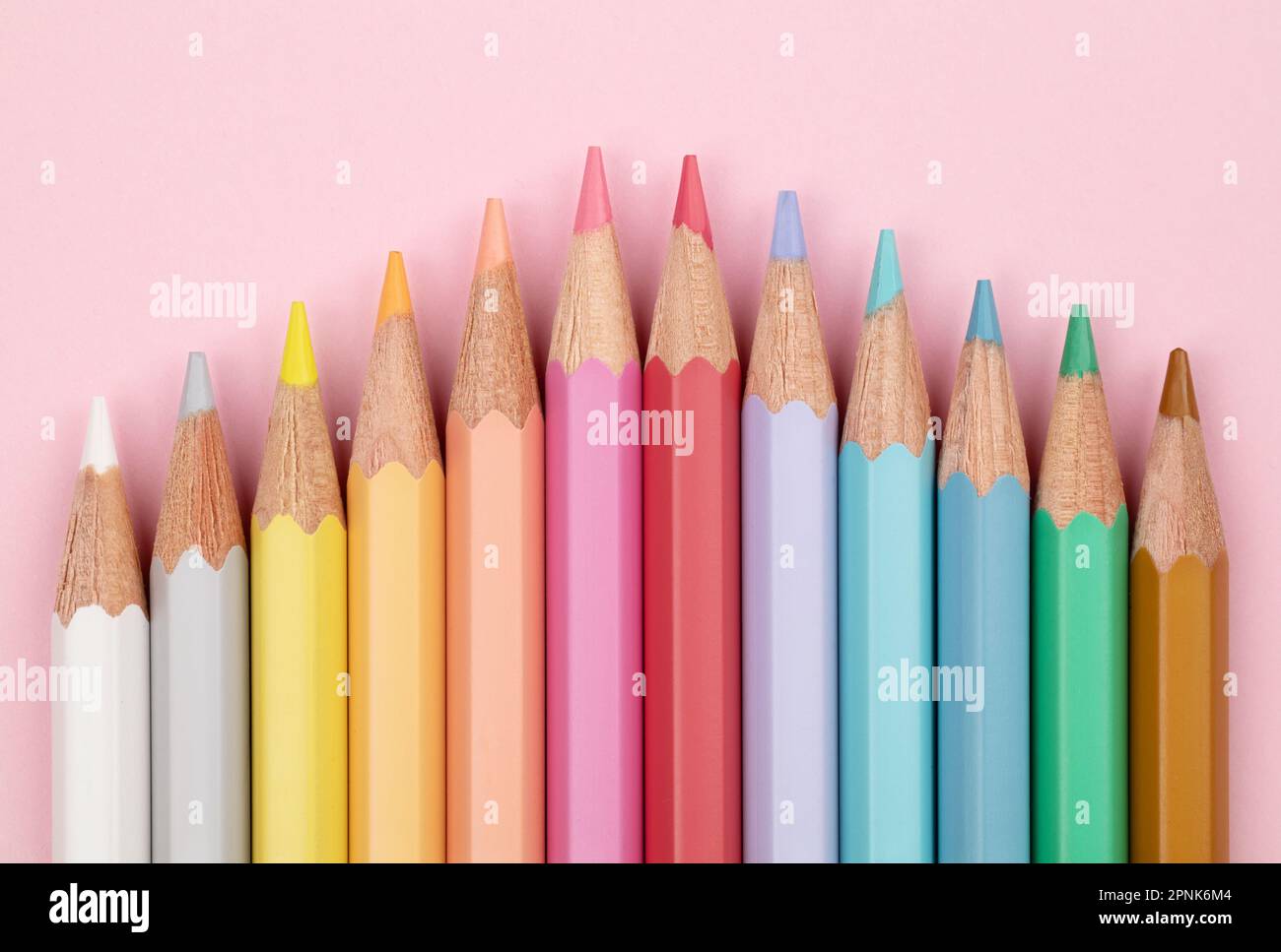 Crayons de couleur pastel sur fond rose. Crayons pastel multicolores. Banque D'Images