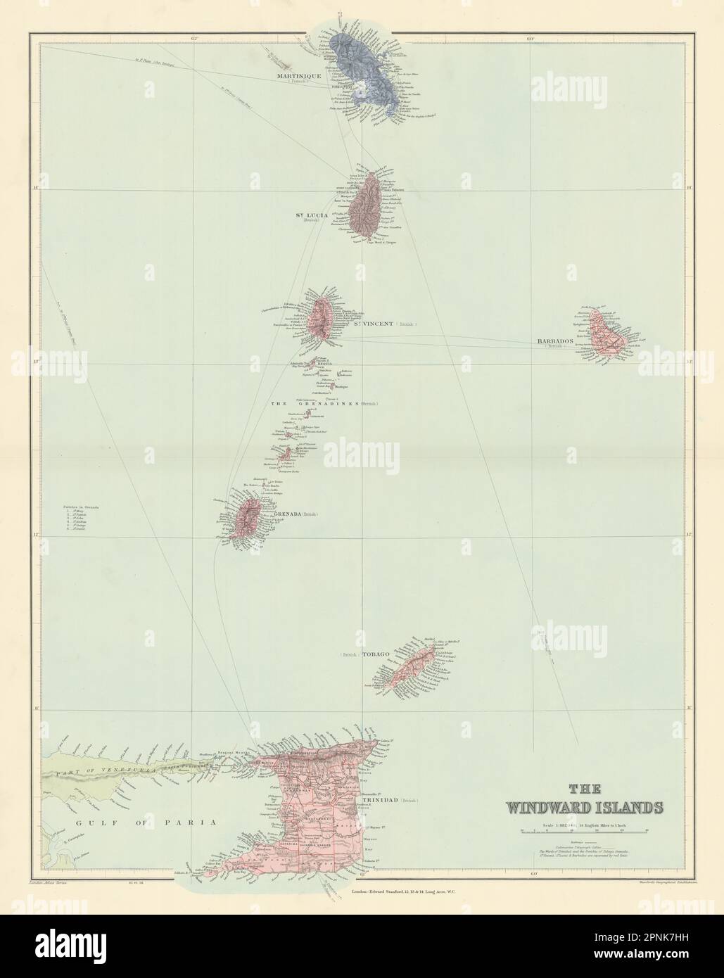 Îles du vent. Trinité-et-Tobago Lucie Grenadines. STANFORD 1904 carte Banque D'Images