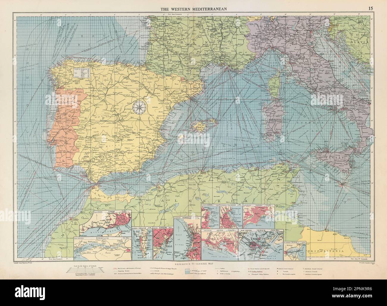 Carte de la Méditerranée occidentale. Les ports allègent les routes de  courrier. GRANDE carte de 1952 Photo Stock - Alamy