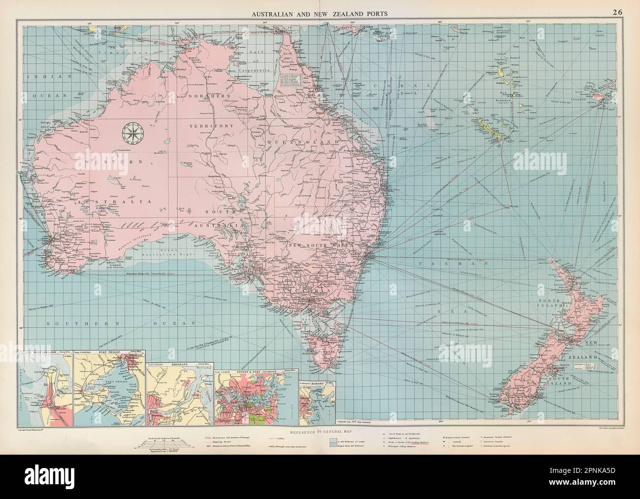 Carte des ports d'Australie et de Nouvelle-Zélande phares mail route GRANDE carte ancienne de 1952 Banque D'Images