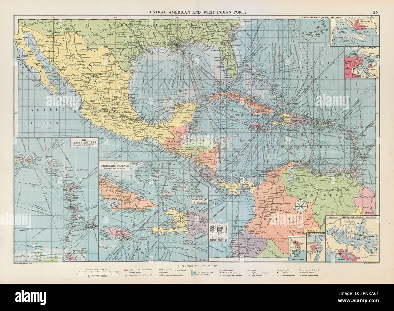 Amérique centrale Caraïbes Golfe du Mexique carte ports phares GRANDE carte de 1952 Banque D'Images