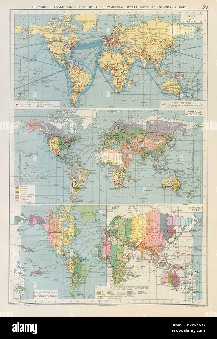 Monde - routes commerciales et maritimes, développement commercial. Carte des horaires standard 1952 Banque D'Images