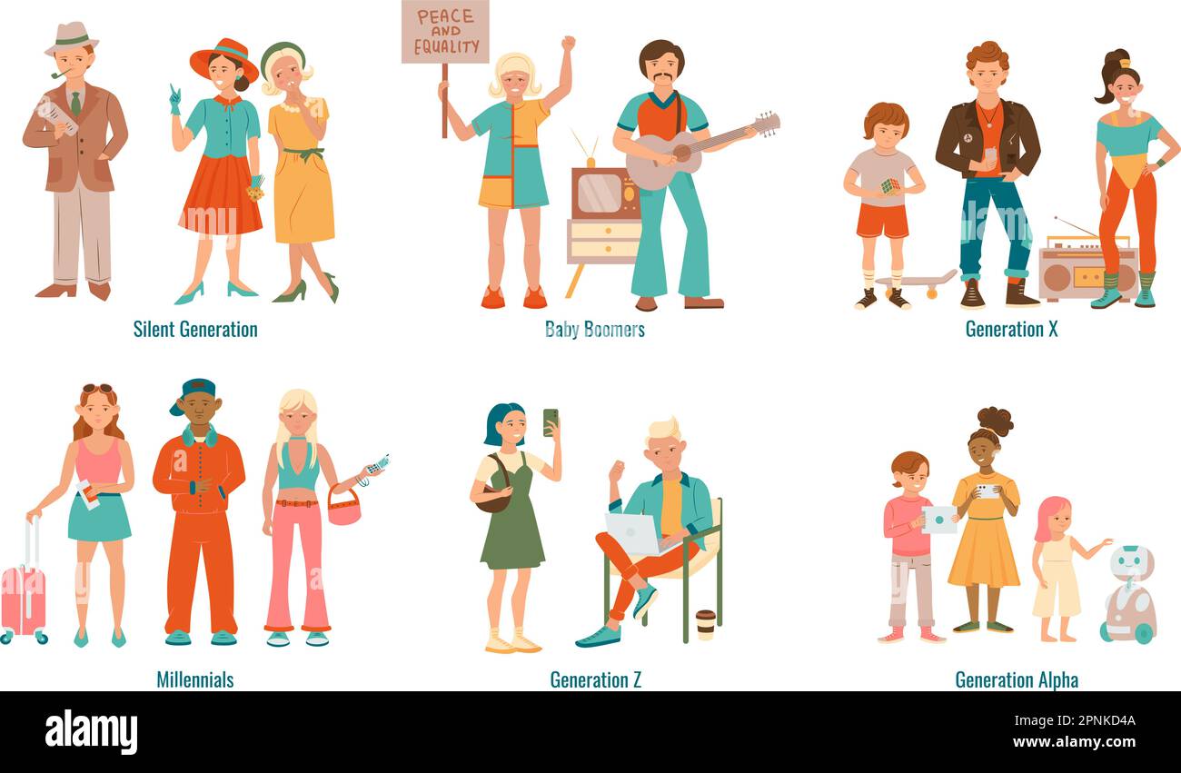 Générations de personnes ensemble plat avec des personnages Doodle de caractères humains typiques de diverses périodes illustration de vecteur Illustration de Vecteur