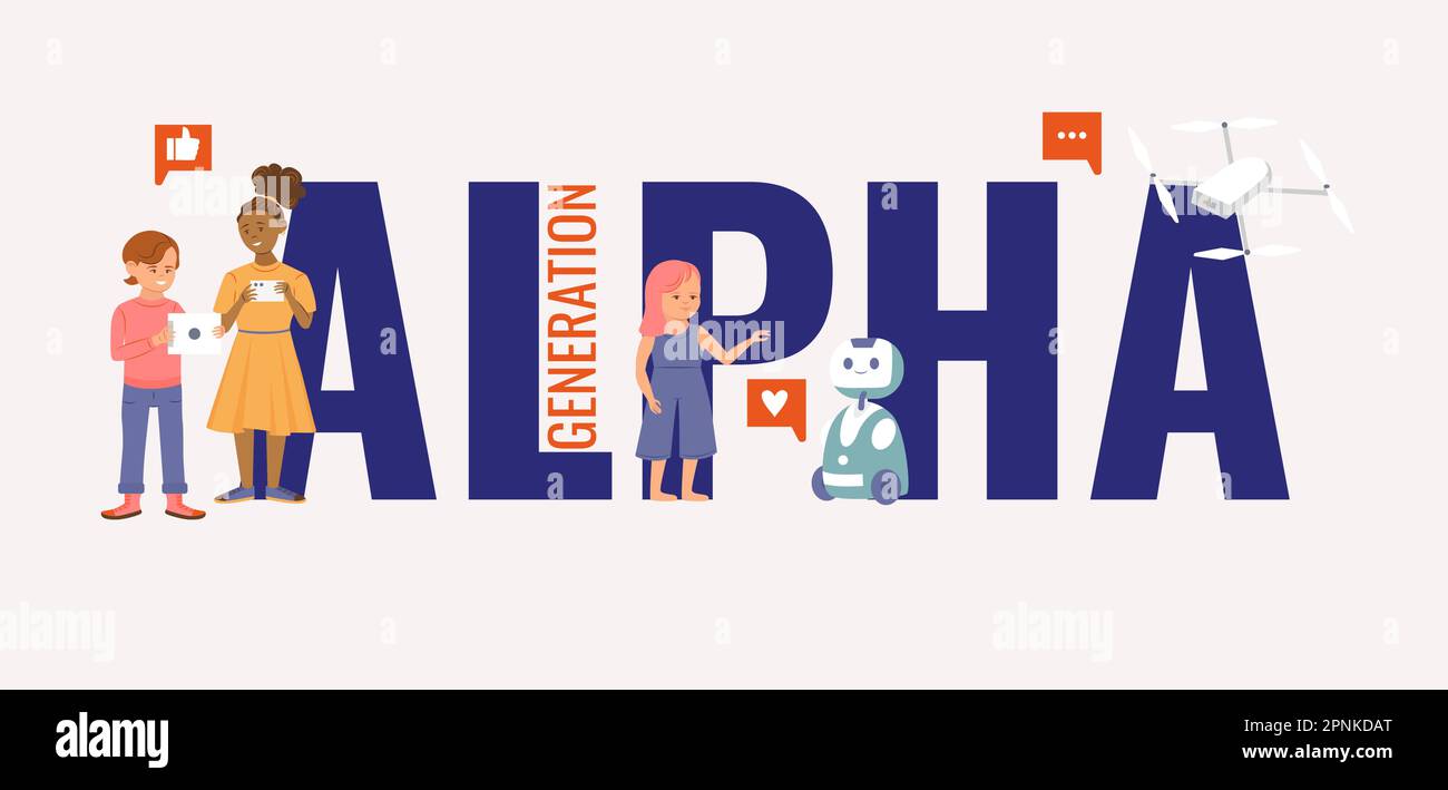 Générations personnes composition de texte plat avec des personnages doodle des adolescents avec des gadgets robots et chat bulles illustration vectorielle Illustration de Vecteur