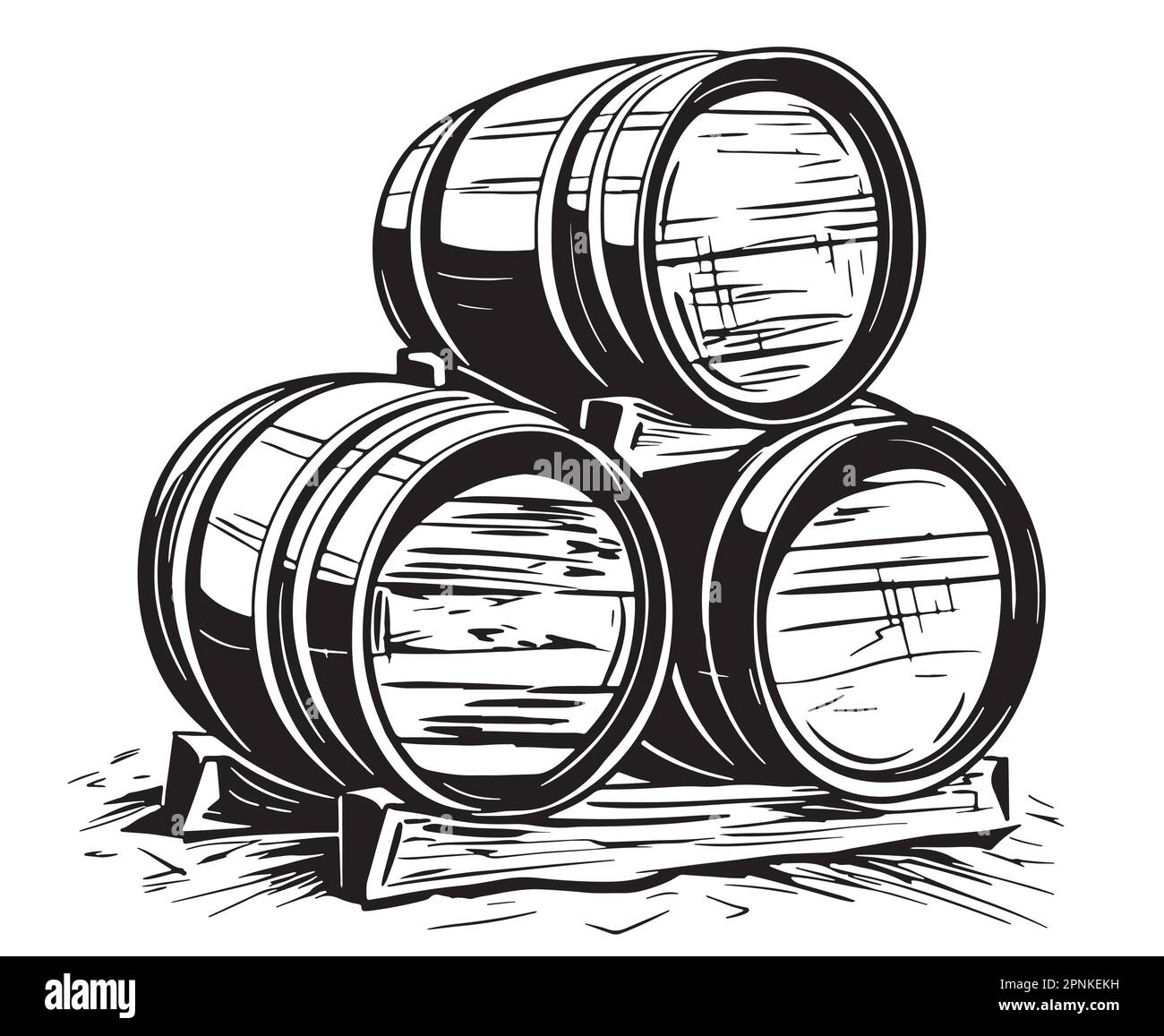 Illustration d'un croquis de fûts de vin en bois dessiné à la main Illustration de Vecteur