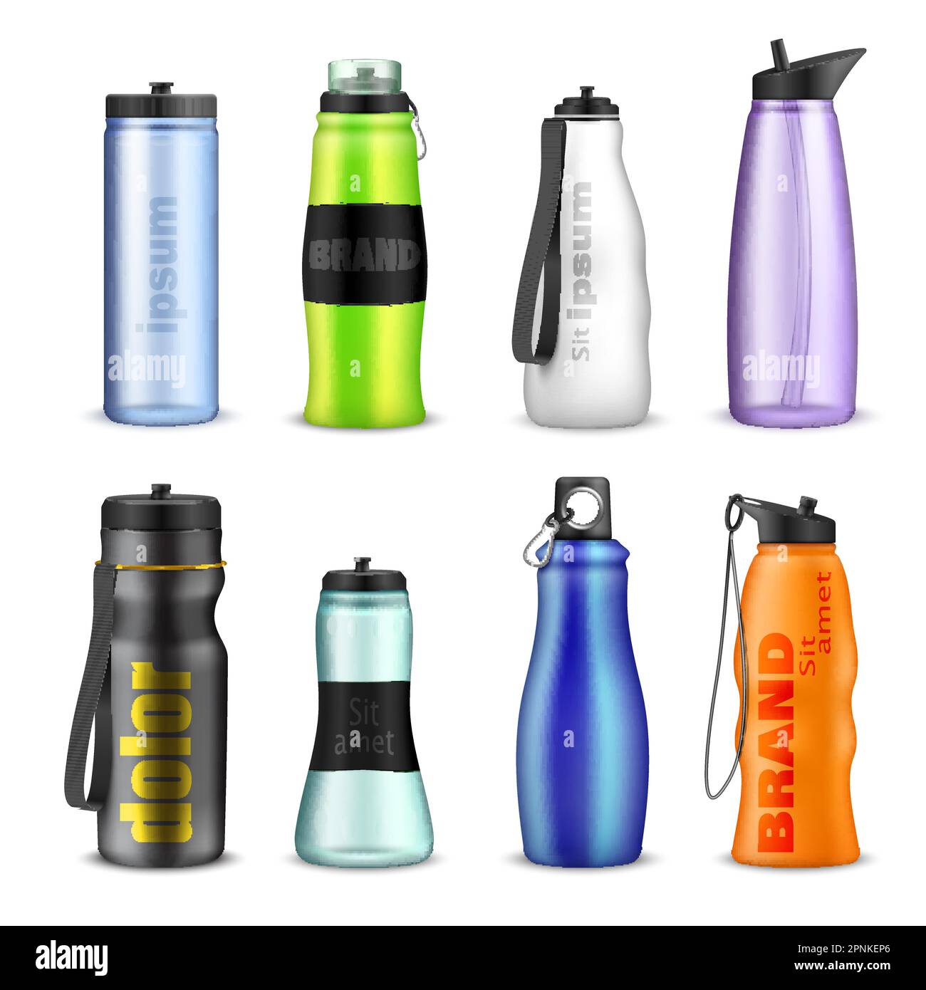 Bouteilles d'eau de sport pour les voyages d'été, le vélo de fitness et la course à pied ensemble réaliste illustration vectorielle isolée Illustration de Vecteur