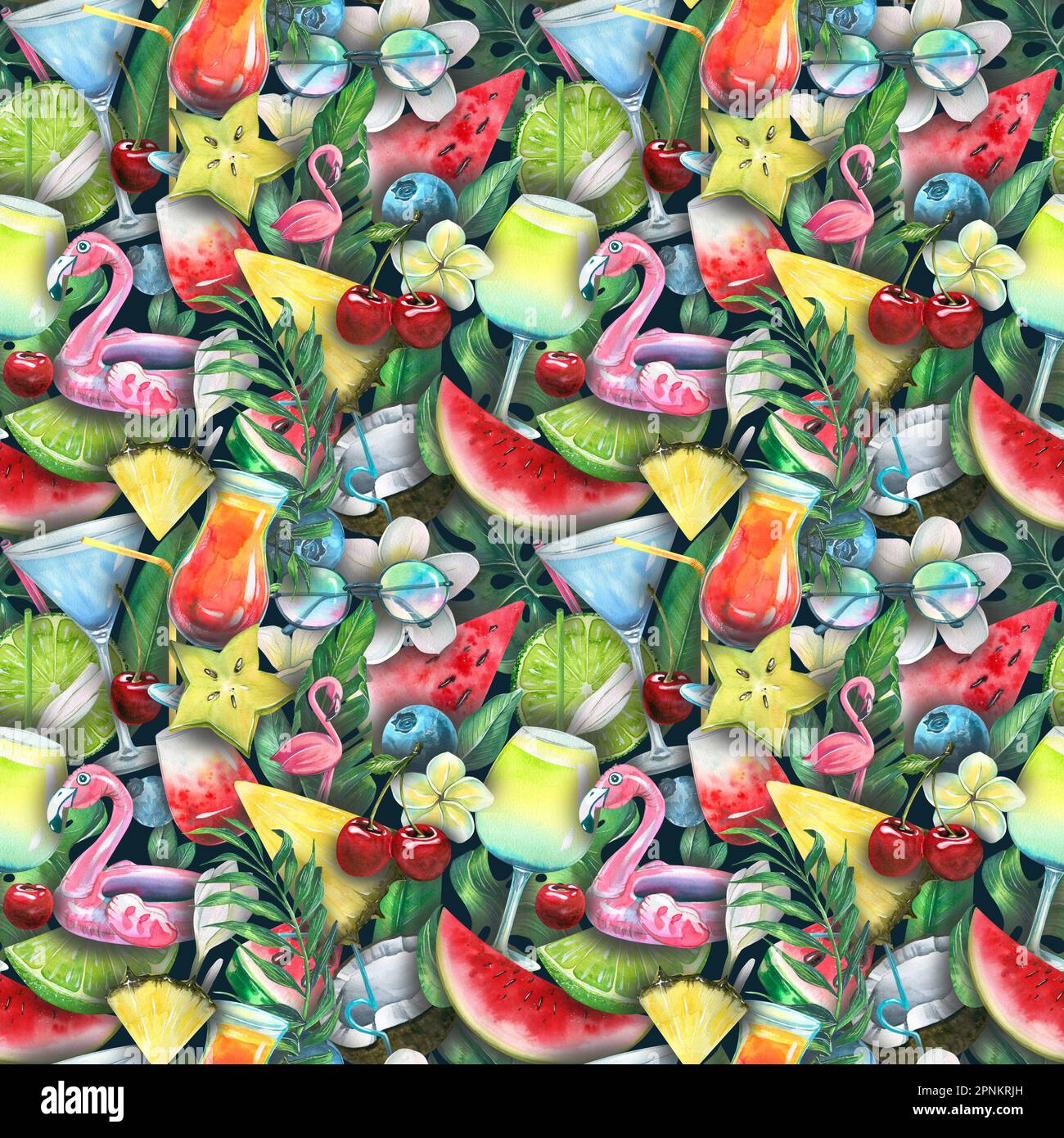 Fruits tropicaux, baies, feuilles de palmier, cocktails de plage, flamants roses. Motif aquarelle et sans couture de la collection BEACH BAR. Pour textiles, tissus Banque D'Images
