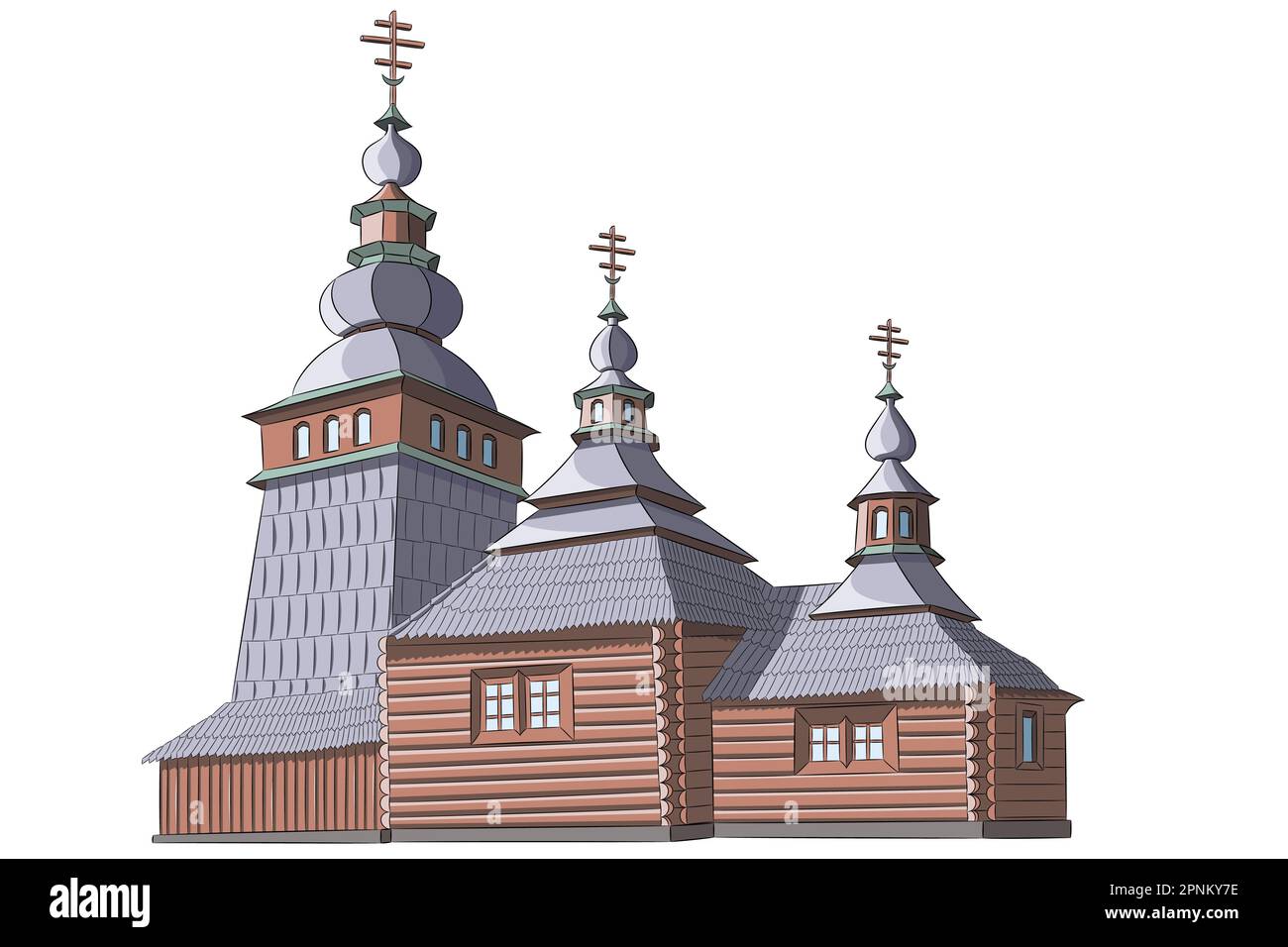 Illustration vectorielle d'une église ukrainienne orthodoxe en bois avec des croix sur les dômes isolés sur fond blanc. Illustration de Vecteur