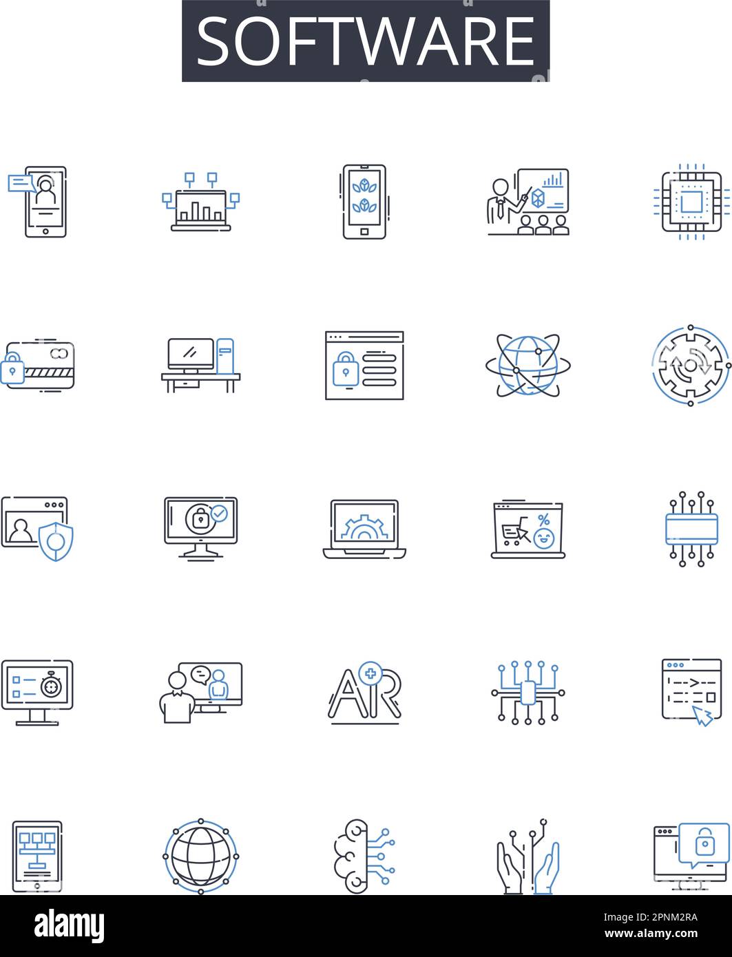 Collection d'icônes de ligne de logiciel. Matériel, technologie, programme, application, base de code, Plate-forme, vecteur système et illustration linéaire. Micrologiciel Illustration de Vecteur