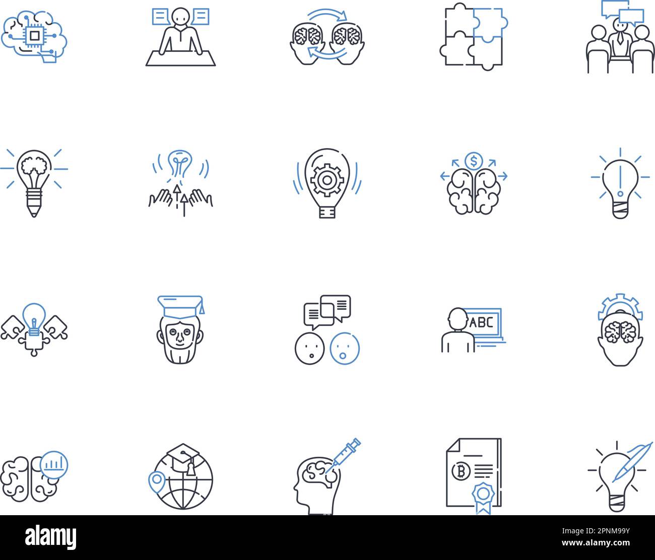 Collection d'icônes de style cognitif. Perception, apprentissage, traitement, analyse, synthèse, Attention, vecteur mémoire et illustration linéaire Illustration de Vecteur