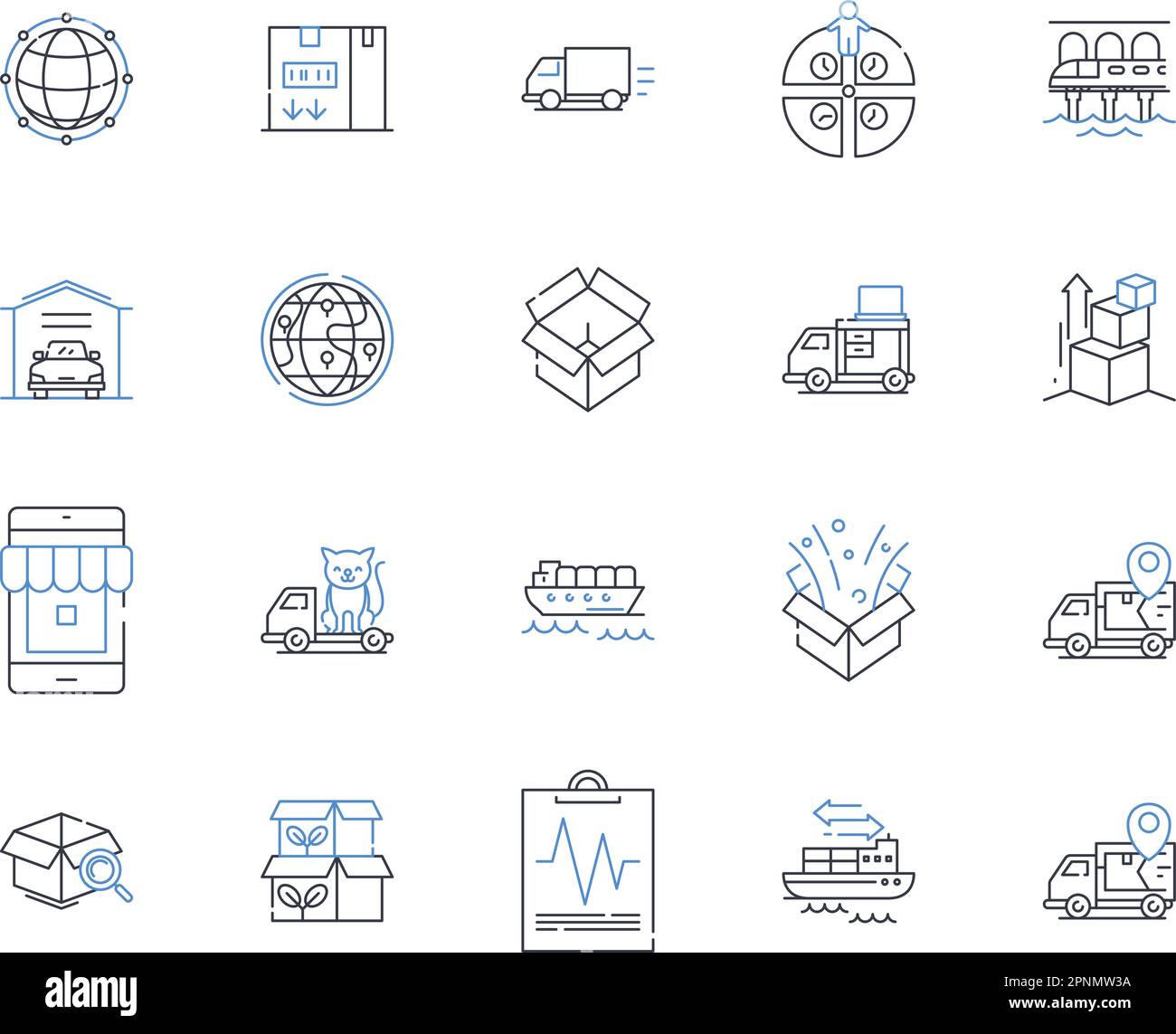 Collection d'icônes de la chaîne logistique mondiale. Fret, transport, entreposage, chaîne d'approvisionnement, distribution, Expédition, vecteur de douane et linéaire Illustration de Vecteur