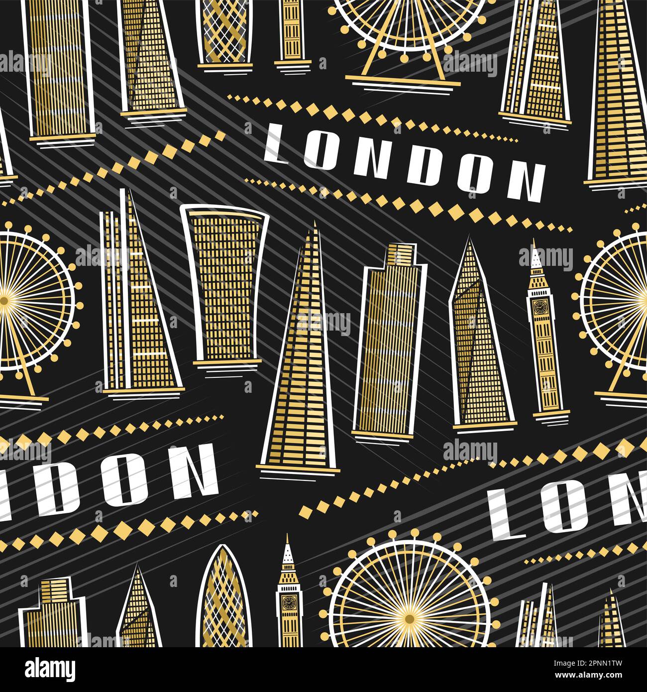 Vector London Seamless Pattern, fond carré répétitif avec illustration du célèbre paysage de la ville de londres sur fond sombre pour l'emballage du papier, décor Illustration de Vecteur