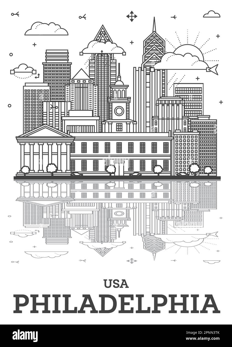 Contour Philadelphia Pennsylvania City Skyline avec des bâtiments modernes et des réflexions isolées sur le blanc. Illustration vectorielle. Philadelphie États-Unis . Illustration de Vecteur
