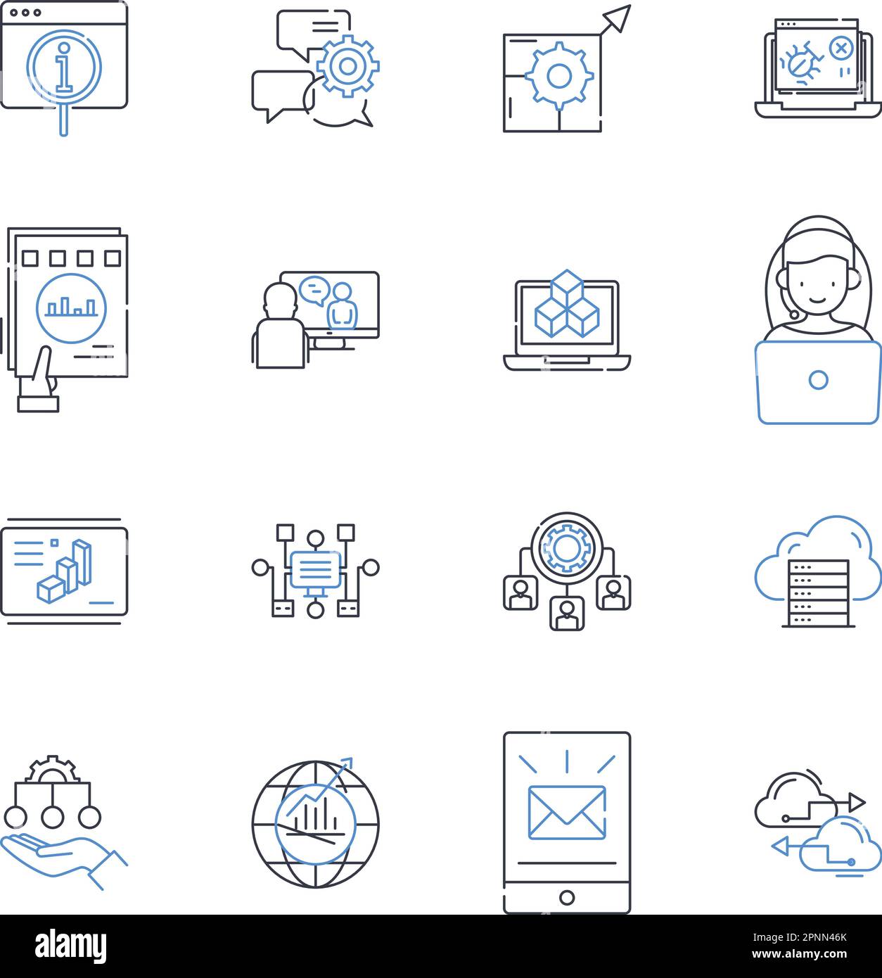 Collection d'icônes de ligne de matériel virtuel. Simulation, émulation, virtualisation, Cloud, hyperviseur, Conteneurisation, vecteur d'évolutivité et linéaire Illustration de Vecteur