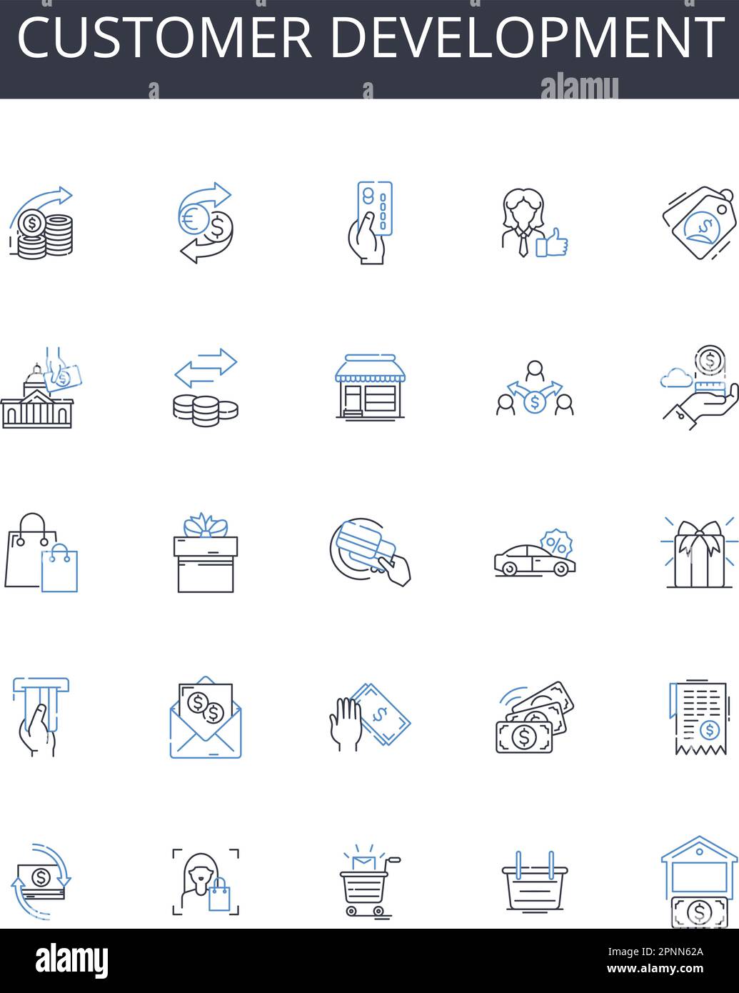 Collection d'icônes de ligne de développement client. Croissance des ventes, création d'équipes, innovation produit, stratégie de marquage, recherche marketing, Marché Illustration de Vecteur