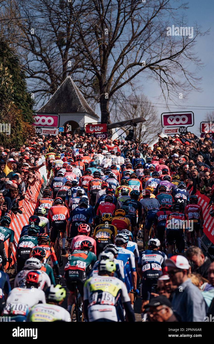 Photo de Zac Williams/SWpix.com- 19/04/2023 - Cyclisme - 2023 Fleche Wallone - le peloton monte le mur de Huy. Banque D'Images