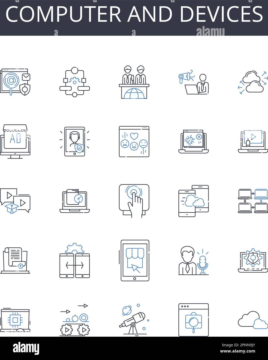 Collection d'icônes de ligne d'ordinateur et de périphériques. PC, ordinateur portable, tablette, smartphone, montre intelligente, illustration de bureau, vecteur de serveur et linéaire. console de jeux Illustration de Vecteur