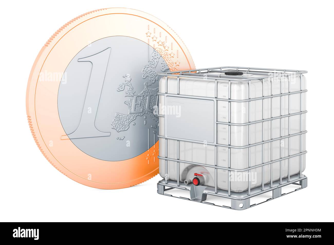 Conteneur en vrac intermédiaire avec pièce euro, rendu 3D isolé sur fond blanc Banque D'Images