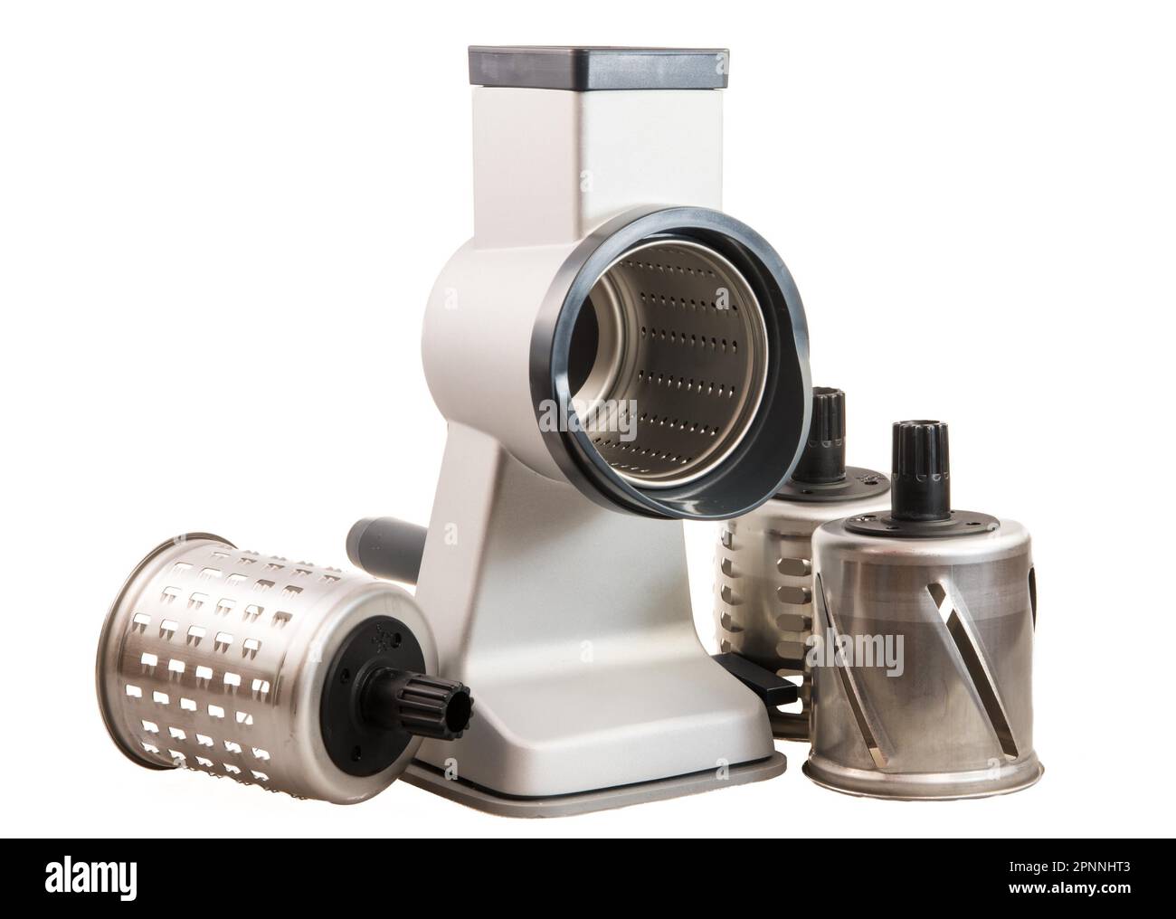 Râpe à tambour cylindrique isolé (râpe à fromage rotative) avec une manivelle et accessoires Banque D'Images
