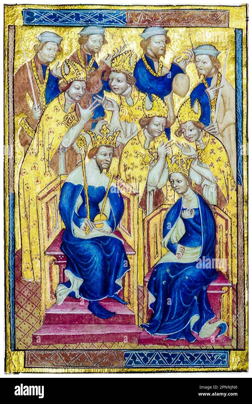 Couronnement de Richard II d'Angleterre (1367-1400), roi d'Angleterre (1377-1399) et de sa première femme Anne de Bohême (1366-1394) en tant que reine Consort d'Angleterre le 22nd janvier 1382. Peinture manuscrite lumineuse miniature, avant 1399 Banque D'Images