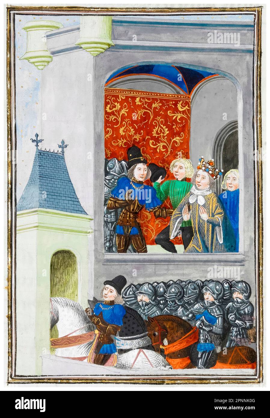 Le roi Richard II d'Angleterre (1367-1400) se rend à Henry de Bolingbroke (plus tard, Henry IV d'Angleterre) au château de Flint, au pays de Galles, le 19th août 1399, peinture manuscrite miniature illuminée de Jean Froissart, 1470-1472 Banque D'Images