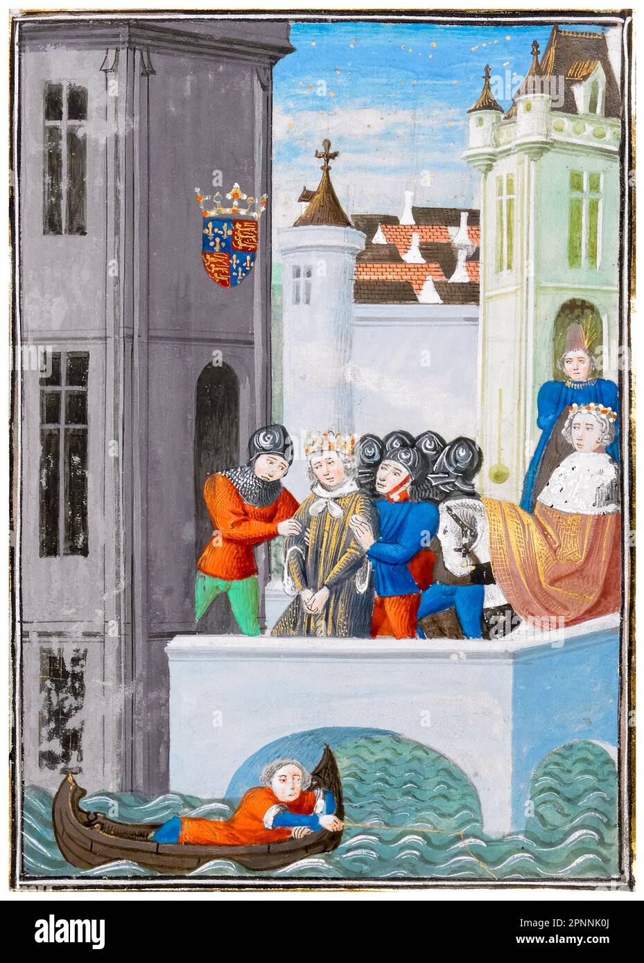 Le roi Richard II d'Angleterre (1367-1400) étant emprisonné dans la Tour de Londres le 1st septembre 1399 avec Henry de Bolingbroke (plus tard, Henry IV d'Angleterre) regardant, peinture manuscrite miniature illuminée par Jean Froissart, 1470-1472 Banque D'Images