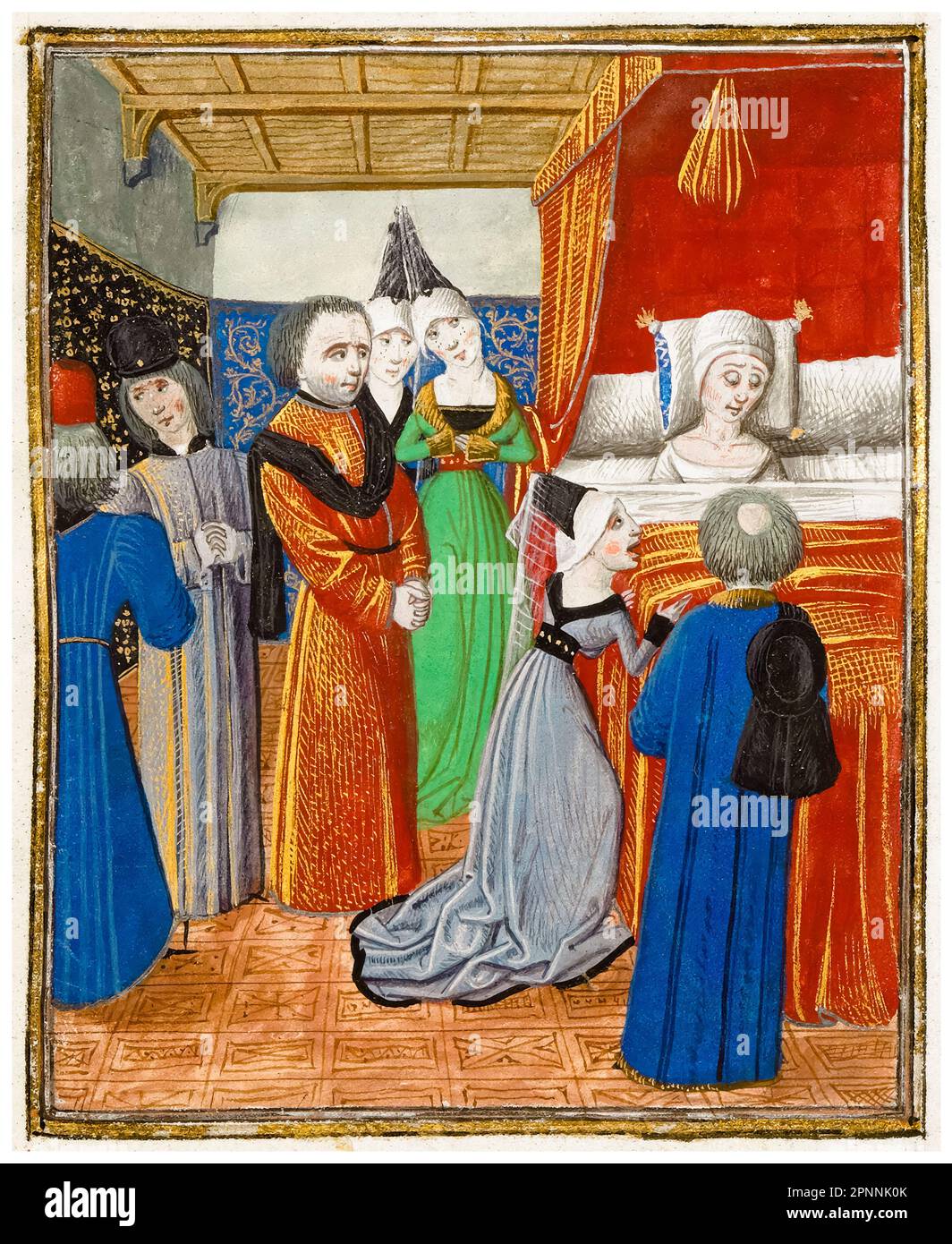 Mort d'Anne de Bohême (1366-1394), également connue sous le nom d'Anne de Luxembourg, reine d'Angleterre (1382-1394) comme la première femme du roi Richard II, peinture manuscrite miniature illuminée de Jean Froissart, 1470-1472 Banque D'Images