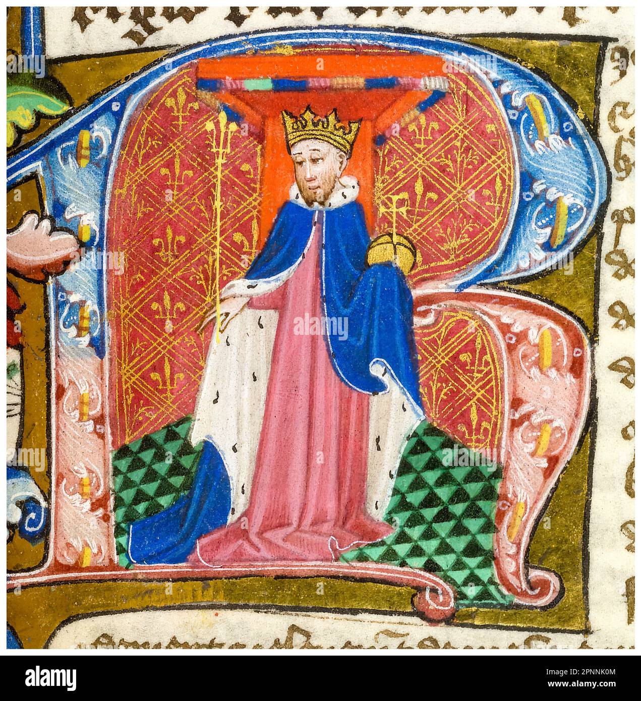 Richard II d'Angleterre (1367-1400) également connu sous le nom de Richard de Bordeaux, roi d'Angleterre (1377-1399), portant une couronne, une robe d'hermine et tenant un orbe et un sceptre illustrés dans un premier R historique, miniature de la peinture manuscrite lumineuse portrait, 1451-1480 Banque D'Images