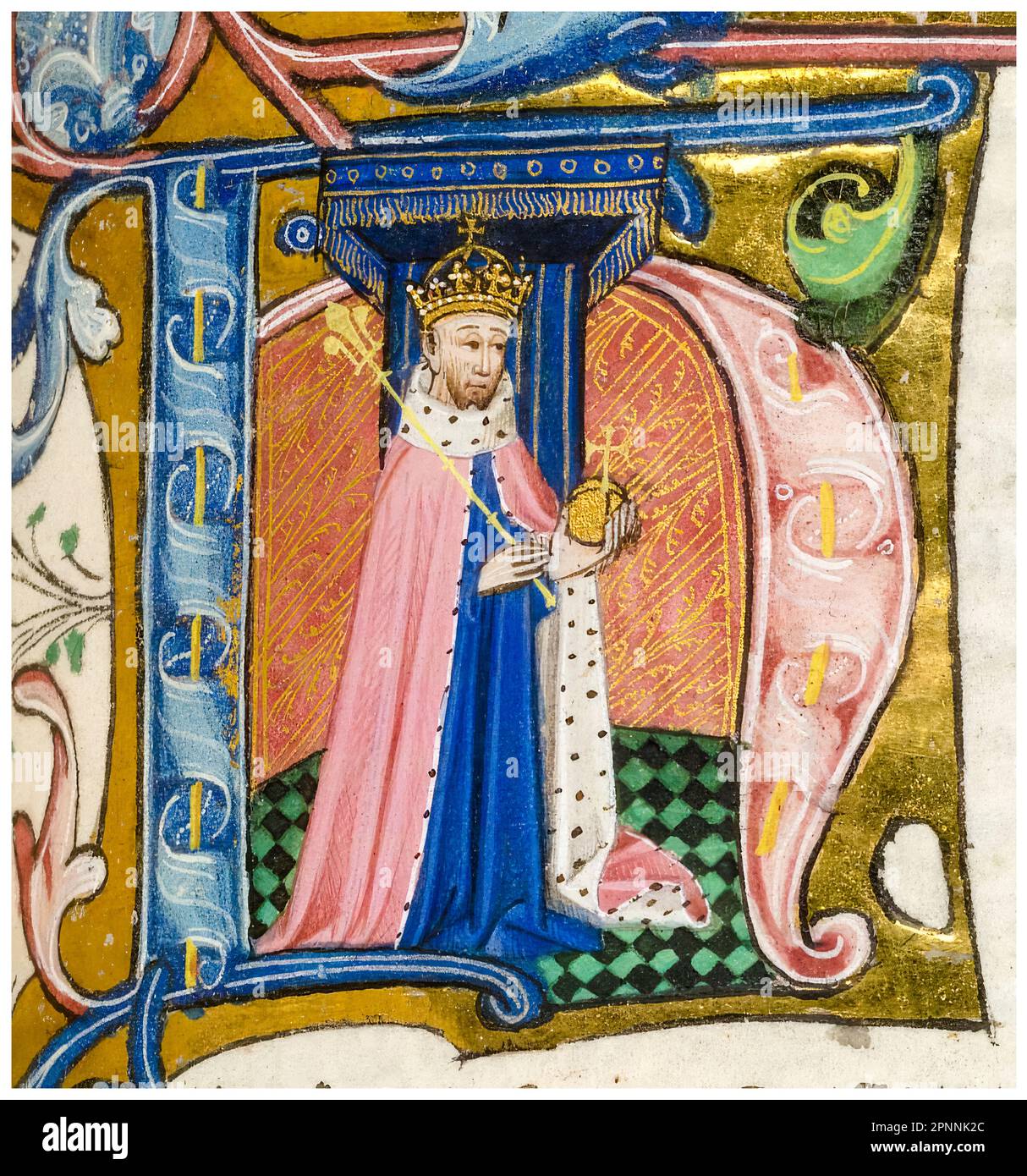 Henry IV d'Angleterre (1367-1413) également connu sous le nom de Henry Bolingbroke, roi d'Angleterre (1399-1413) portant une couronne, une robe d'hermine et tenant un orbe et un sceptre, illustré dans une initiale H historiée, miniature de portrait lumineux manuscrit, 1451-1480 Banque D'Images
