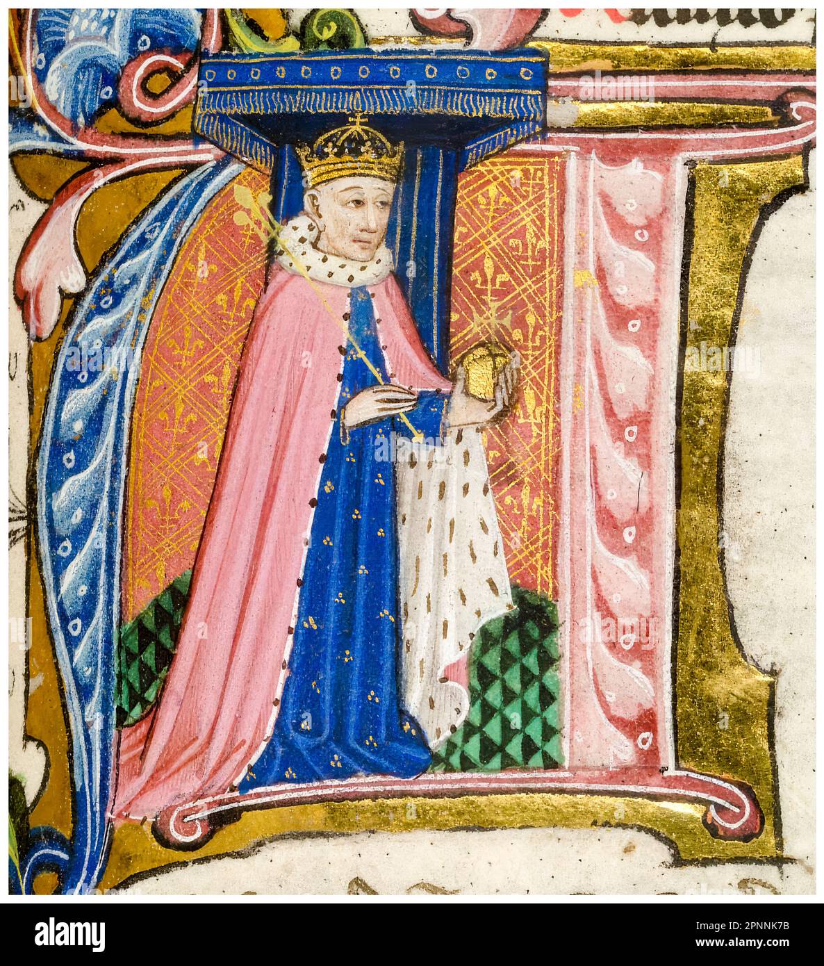 Henry VI d'Angleterre (1421-1471), roi d'Angleterre (1422-1461), et (1470-1471), roi de France contesté (1422-1453), portant une couronne, une robe d'hermine et tenant un orbe et un sceptre, illustré dans une initiale historiée I, portrait miniature illuminé, 1451-1480 Banque D'Images