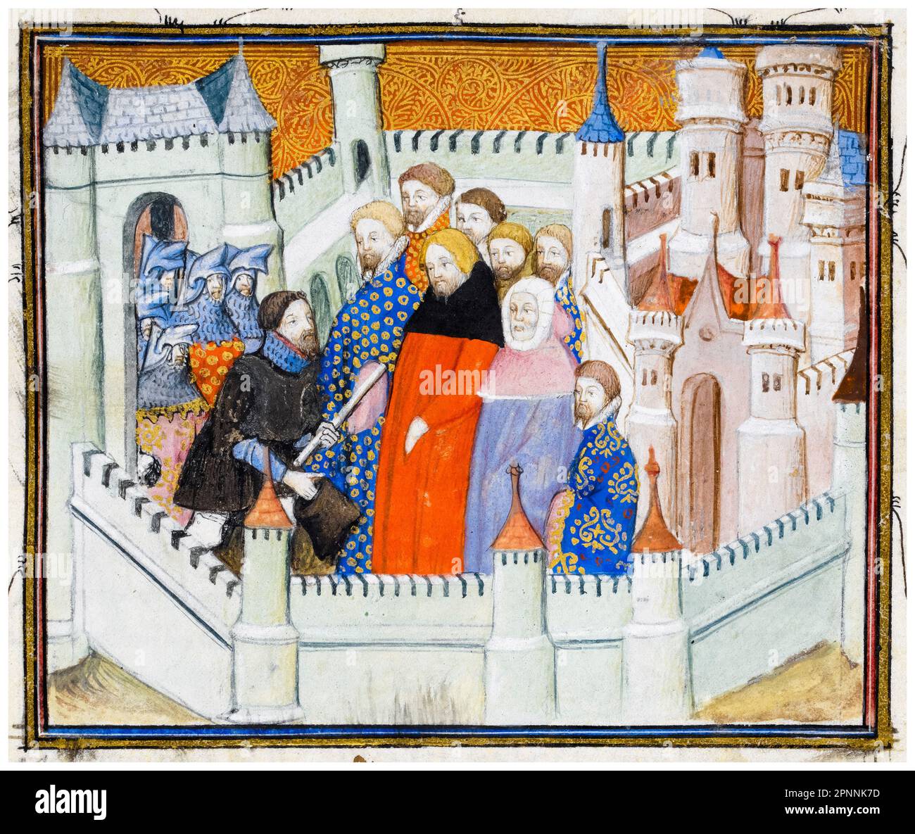 Le roi Richard II d'Angleterre (1367-1400) se rend à Henry de Bolingbroke (plus tard, Henry IV d'Angleterre) au château de Flint, au pays de Galles, le 19th août 1399, peinture manuscrite miniature illuminée, 1401-1405 Banque D'Images