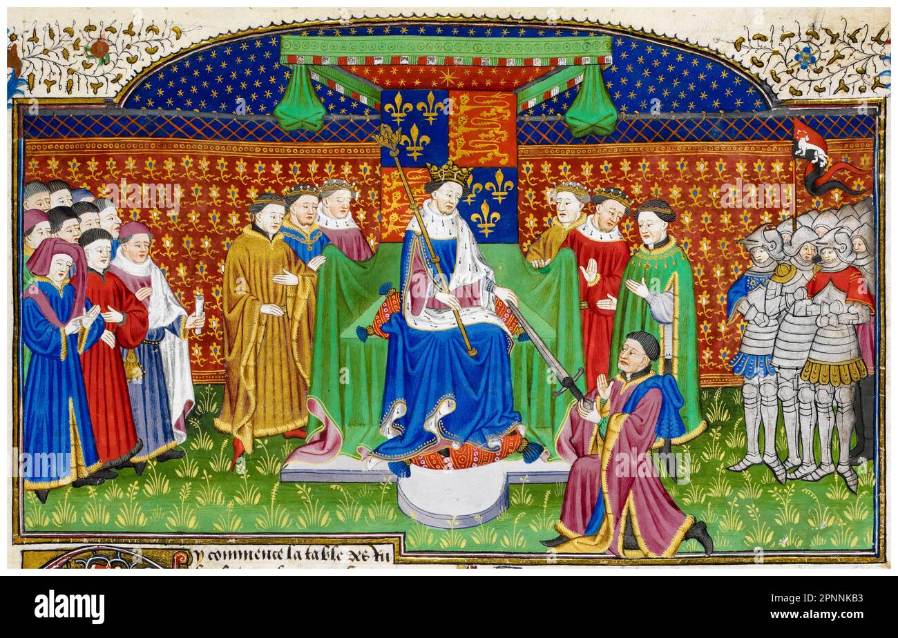Henri VI d'Angleterre (1421-1471), roi d'Angleterre (1422-1461) et (1470-1471), roi de France contesté (1422-1453), entronisé en donnant une épée au comte de Shrewsbury comme gendarme de France, miniature de la peinture manuscrite illuminée par le Maître et atelier Talbot, 1444-1445 Banque D'Images