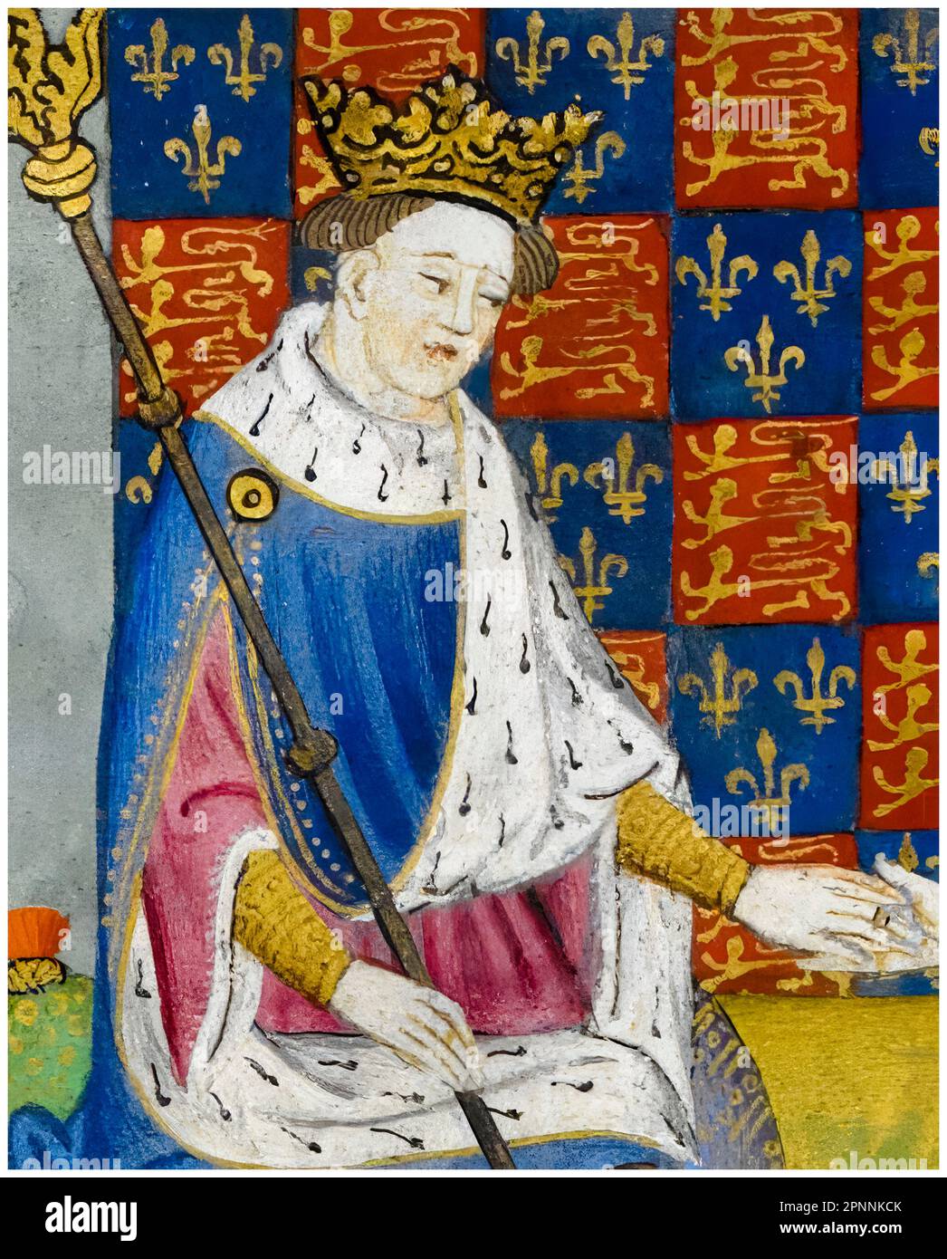 Henri VI d'Angleterre (1421-1471), roi d'Angleterre (1422-1461), et (1470-1471), roi de France contesté (1422-1453), portant une couronne, robe d'hermine, Et tenue d'un scepter, miniature, lumière manuscrit portrait peinture par le Maître Talbot et atelier, 1444-1445 Banque D'Images
